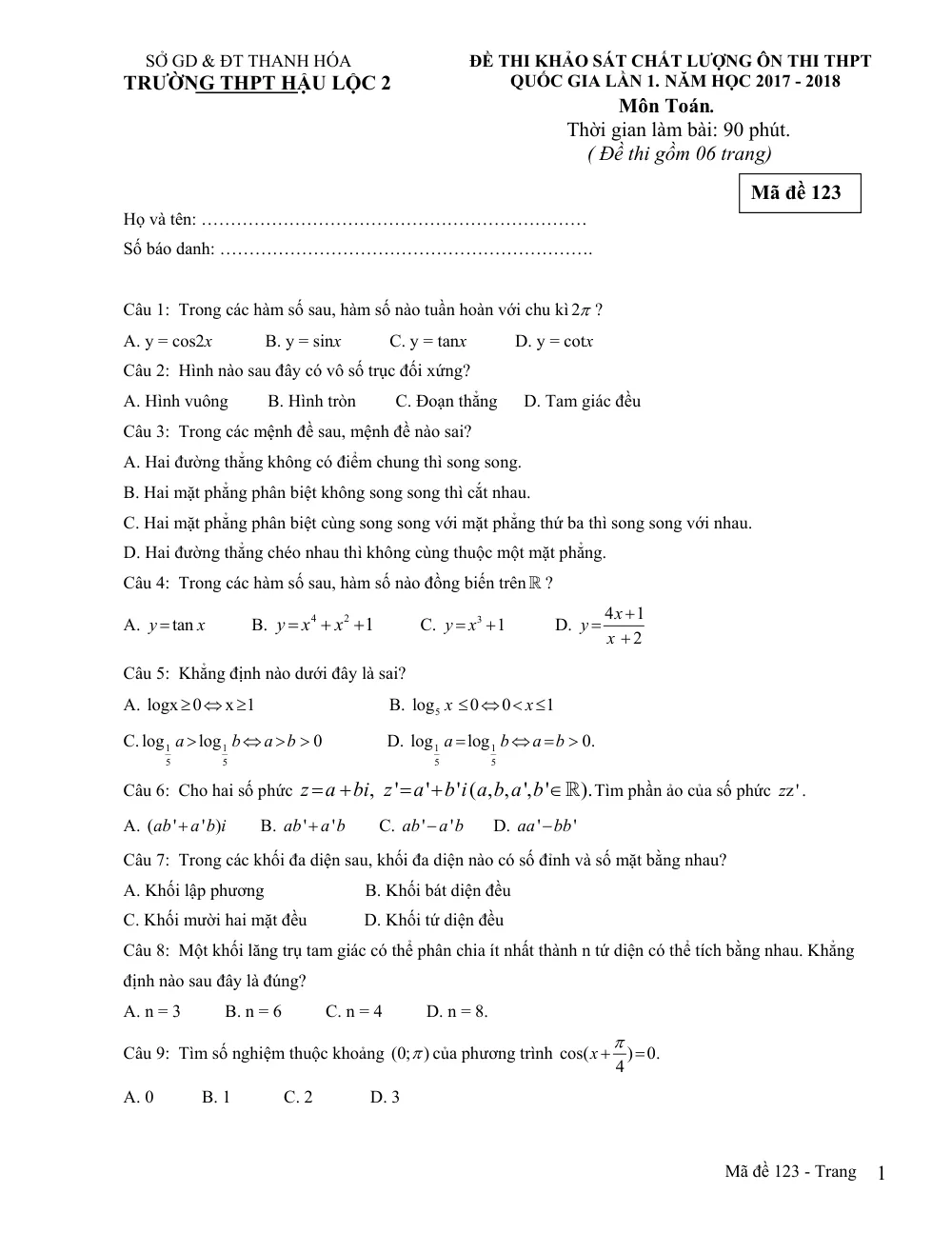 Xem trước trang 1 của "Đề Khảo Sát Chất Lượng Ôn Thi THPT Quốc Gia Môn Toán Lần 1 - Trường THPT Hậu Lộc 2 - Năm học 2017-2018 - Thanh Hóa"