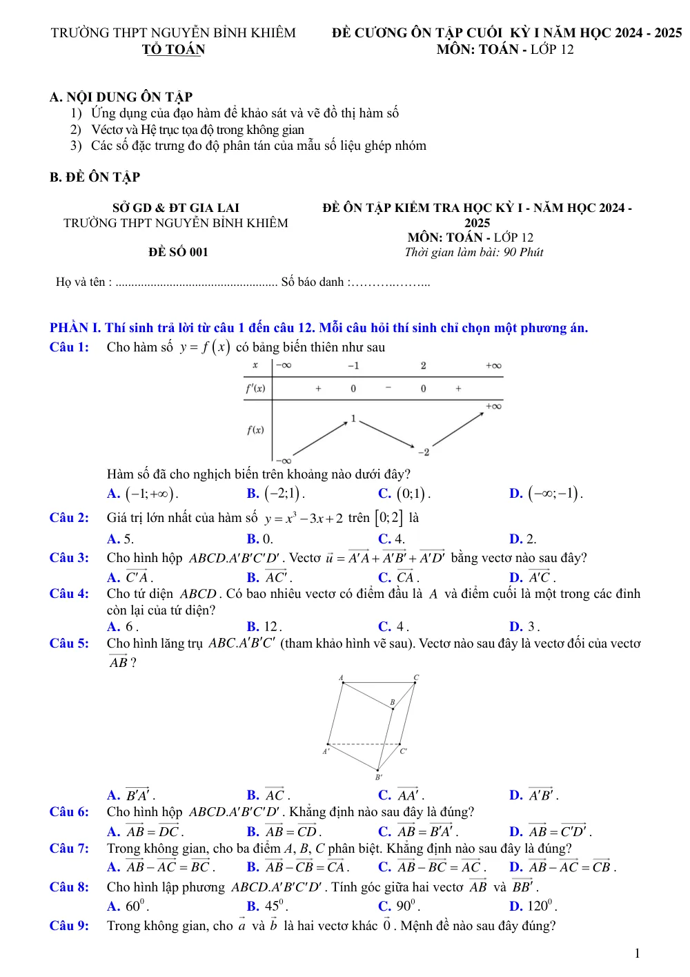 Xem trước trang 1 của "Đề Cương Ôn Tập Cuối Kỳ I Toán 12 - Trường THPT Nguyễn Bỉnh Khiêm (2024-2025)"
