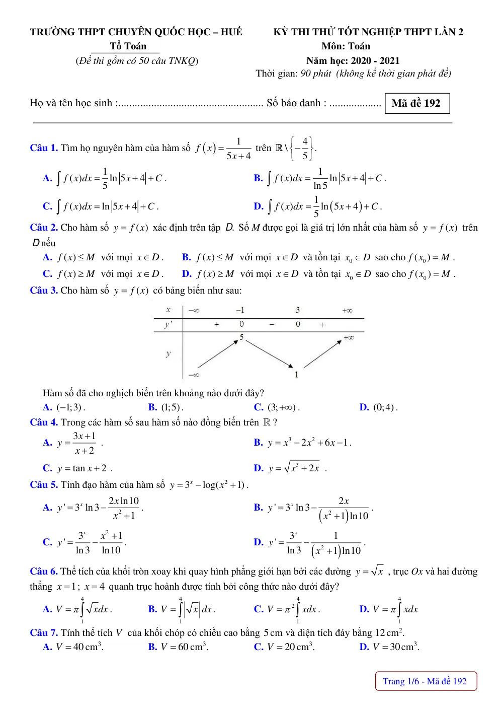 Xem trước trang 1 của "Đề thi thử Tốt nghiệp THPT 2021 Lần 2 - Trường THPT Chuyên Quốc Học Huế - Toán 12"