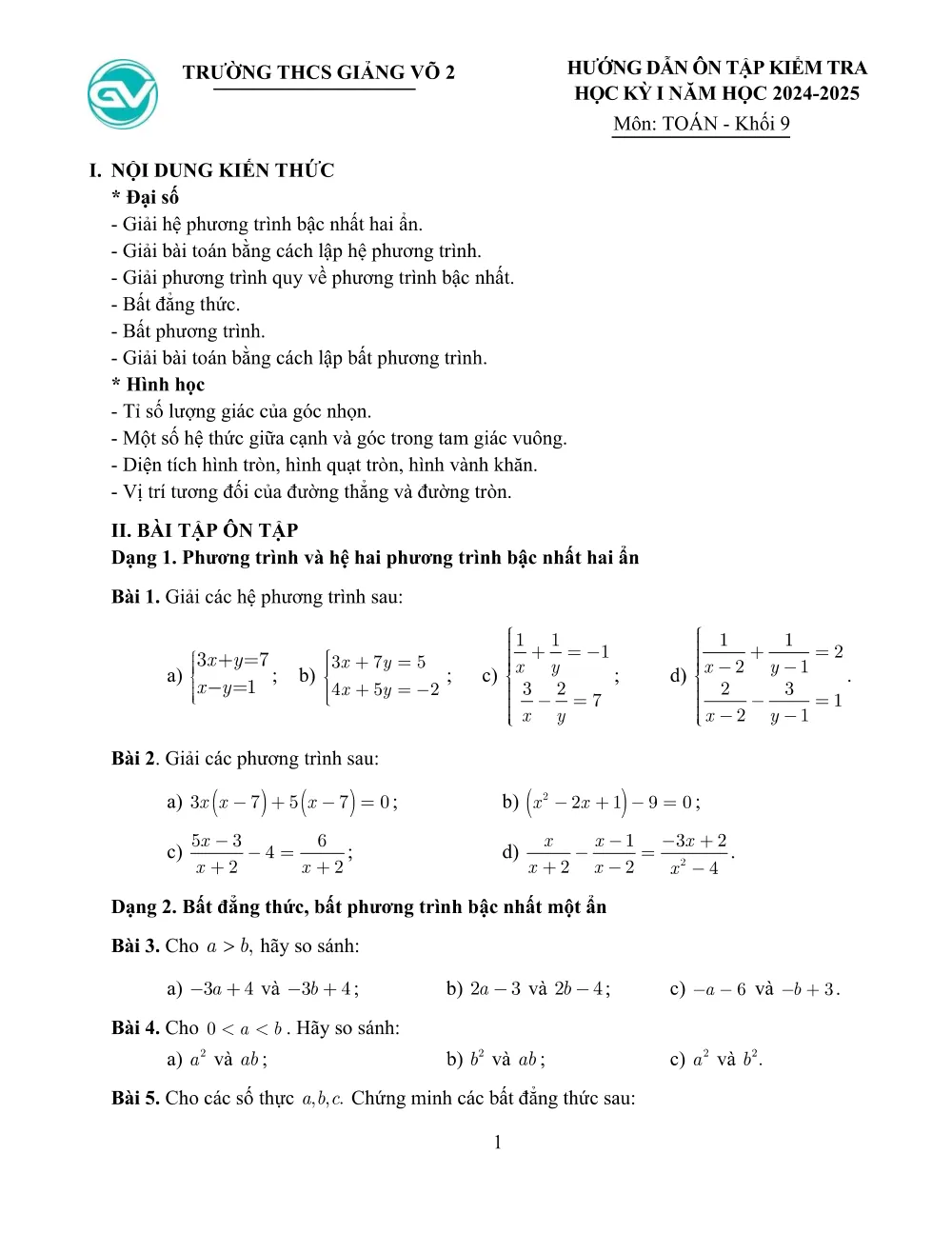 Xem trước trang 1 của "Đề cương ôn tập học kỳ 1 Toán 9 - Trường THCS Giang Võ 2 - Hà Nội (2024-2025)"