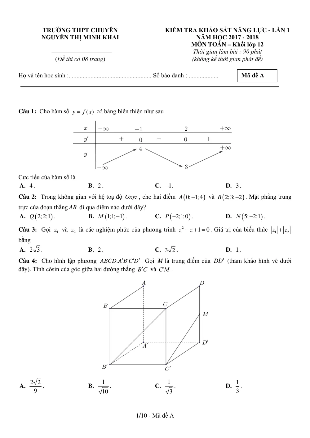 Xem trước trang 1 của "Kiểm tra Khảo sát Năng lực Toán 12 - Trường THPT Chuyên Nguyễn Thị Minh Khai - Lần 1 - Năm học 2017-2018 - Sóc Trăng"