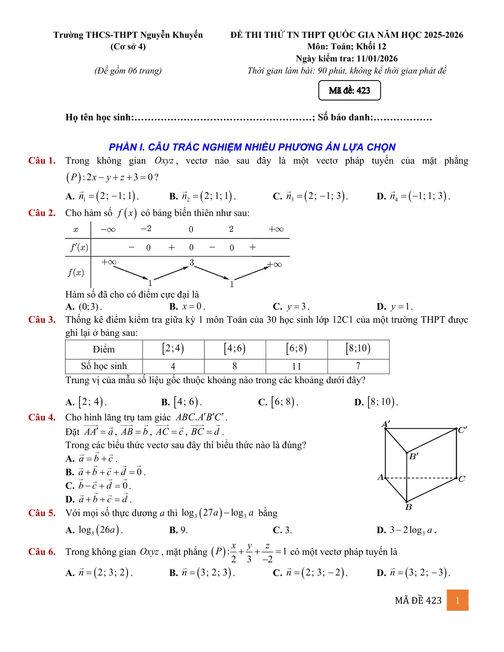 Xem trước trang 1 của "Đề Thi Thử TN THPT 2026 - Môn Toán Lớp 12 - Trường THCS-THPT Nguyễn Khuyến - TP. Hồ Chí Minh"