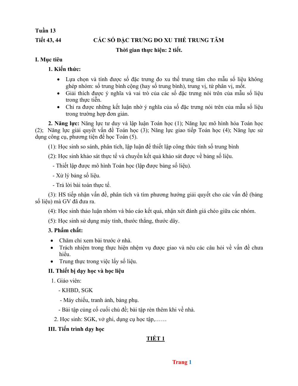 Xem trước trang 1 của "Toán 10 - Tuần 13 - Các số đặc trưng đo xu thế trung tâm - KNTT"