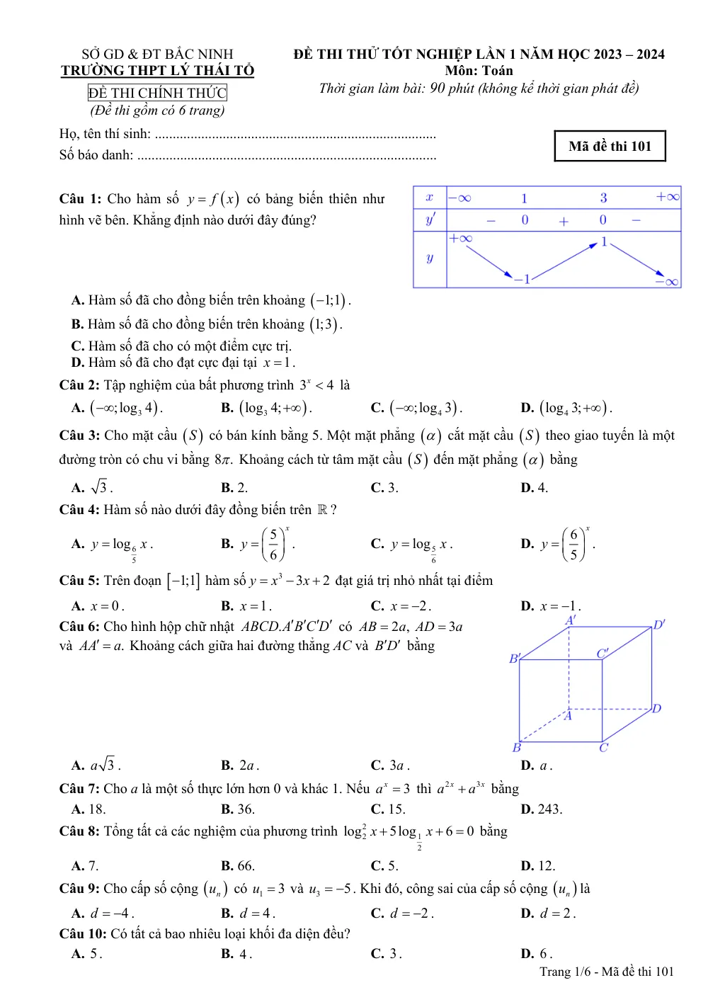 Xem trước trang 1 của "Đề Thi Thử Tốt Nghiệp THPT Lần 1 - Toán 12 - Trường THPT Lý Thái Tổ - Bắc Ninh 2024"
