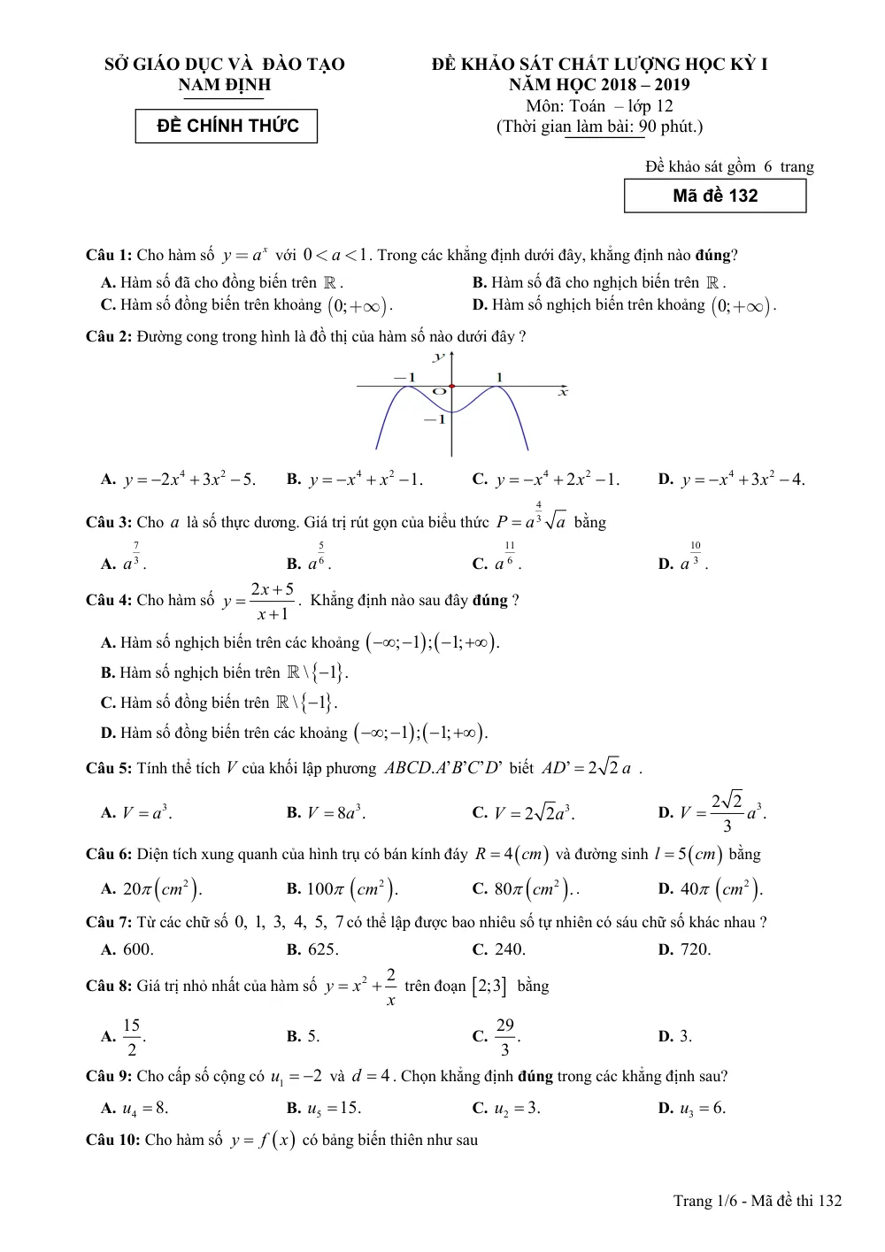 Xem trước trang 1 của "Đề Khảo Sát Chất Lượng Học Kỳ I Toán 12 - Năm Học 2018-2019 - Sở GD&ĐT Nam Định"