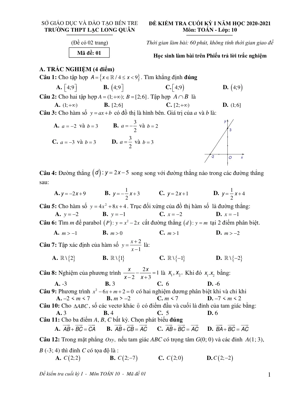Xem trước trang 1 của "Đề Kiểm Tra Cuối Học Kỳ 1 Toán 10 - Năm học 2020-2021 - Trường THPT Lạc Long Quân - Bến Tre"