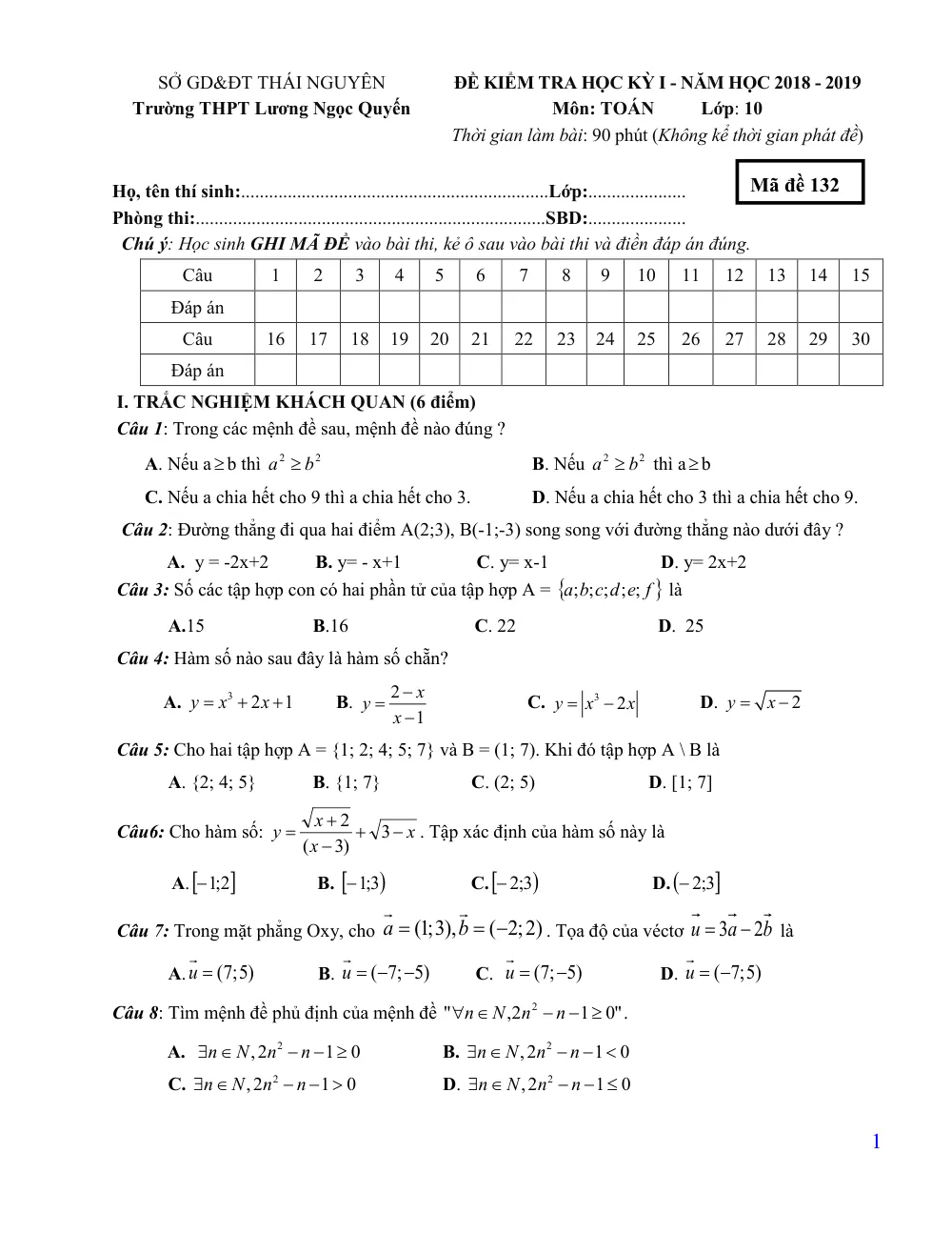 Xem trước trang 1 của "Đề Kiểm Tra Học Kỳ I Toán 10 Năm Học 2018-2019 - Trường THPT Lương Ngọc Quyến - Thái Nguyên"