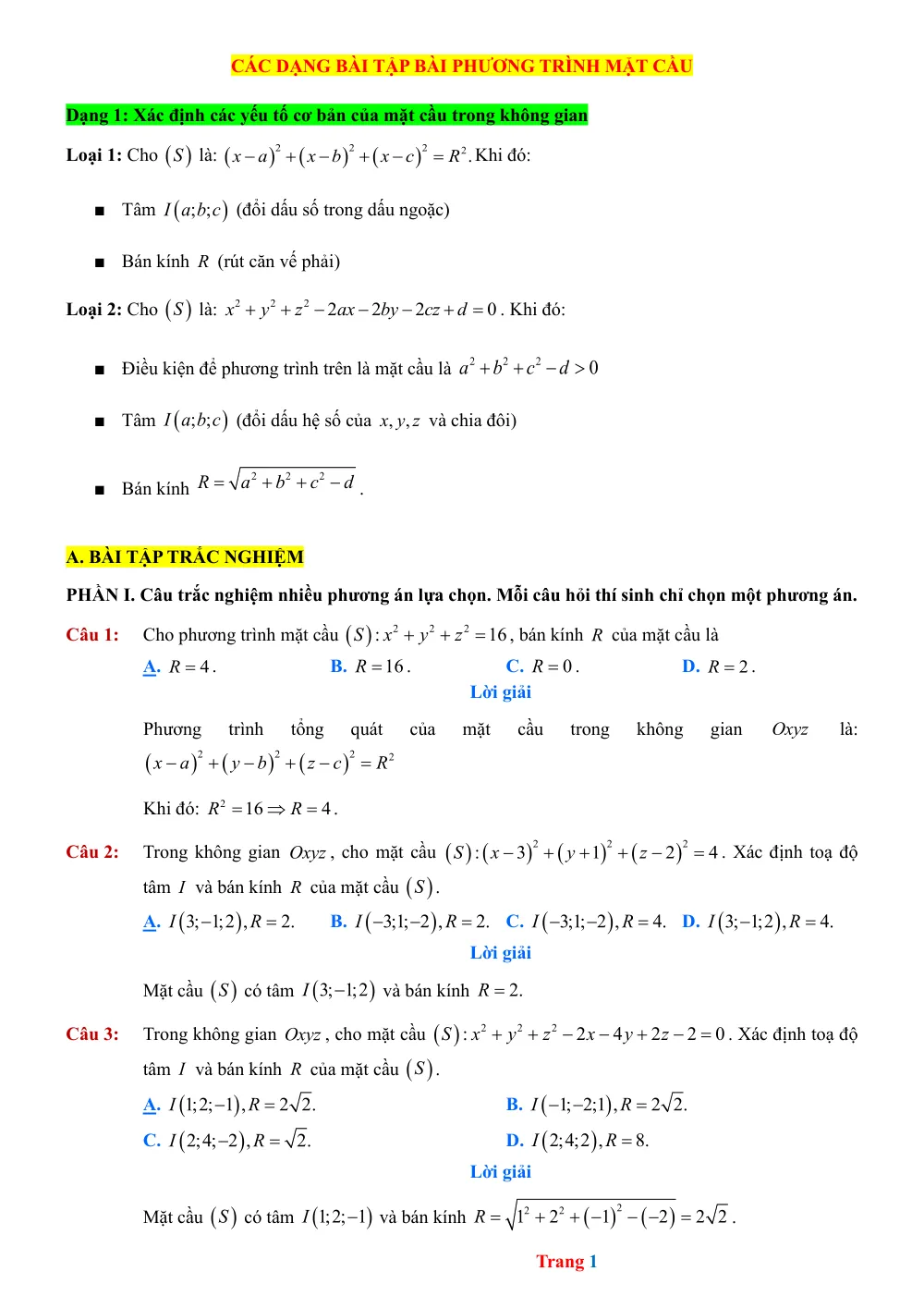 Xem trước trang 1 của "Các dạng bài tập: Phương trình mặt cầu"