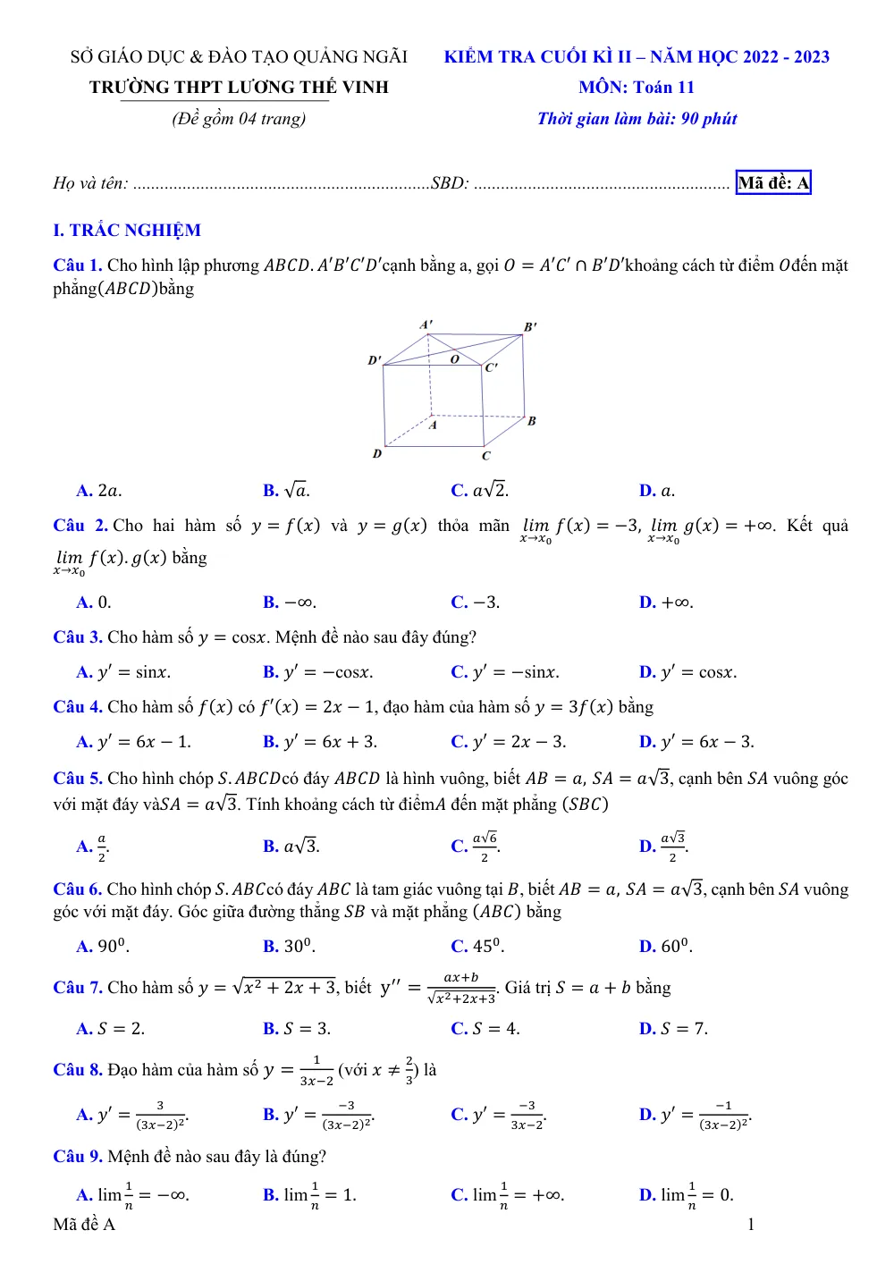 Xem trước trang 1 của "Đề cuối kỳ 2 Toán 11 - Năm học 2022-2023 - Trường THPT Lương Thế Vinh - Quảng Ngãi"