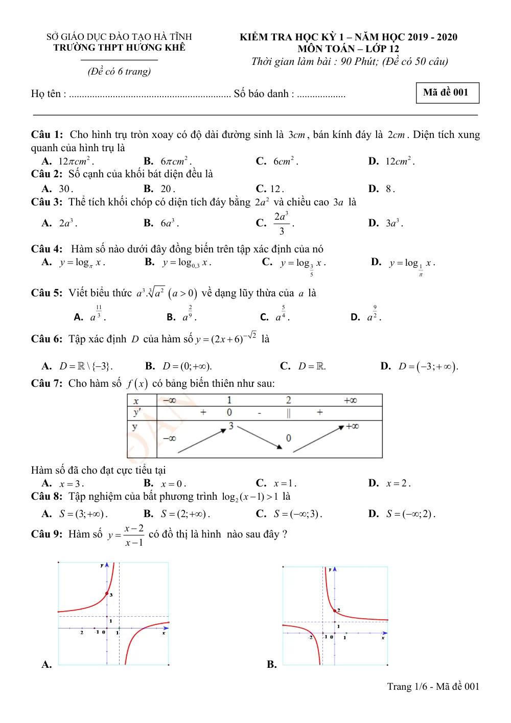 Xem trước trang 1 của "Đề thi học kỳ 1 Toán lớp 12 năm 2019-2020 - Trường THPT Hương Khê - Hà Tĩnh"