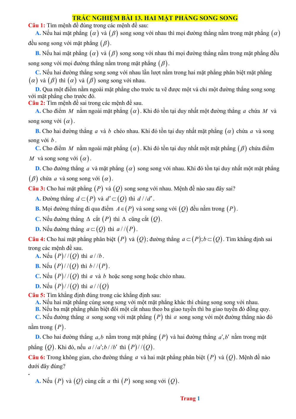 Xem trước trang 1 của "Trắc nghiệm Bài 13. Hai mặt phẳng song song"