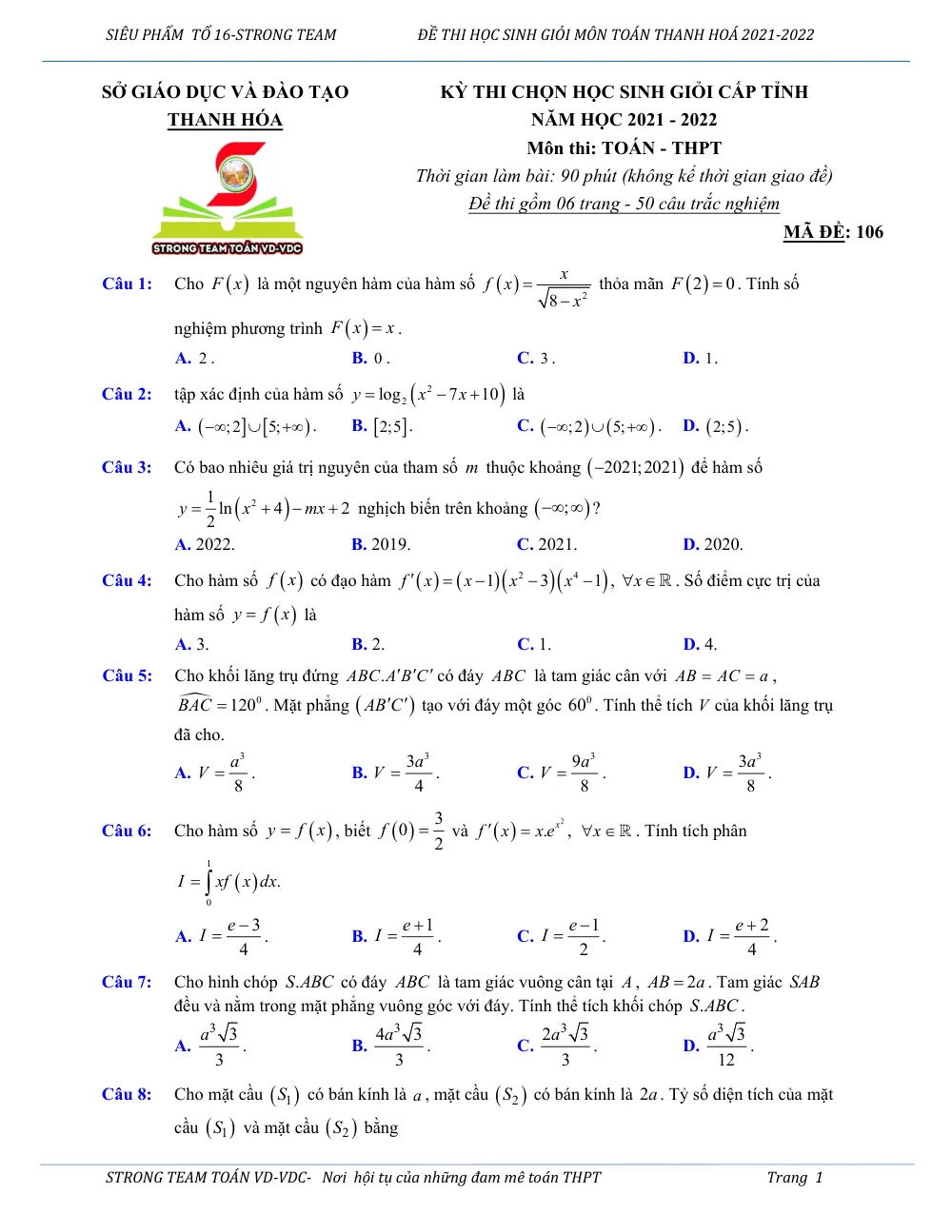 Xem trước trang 1 của "Đề Thi Học Sinh Giỏi Cấp Tỉnh Toán 12 - Năm học 2021-2022 - Sở GDĐT Thanh Hóa"