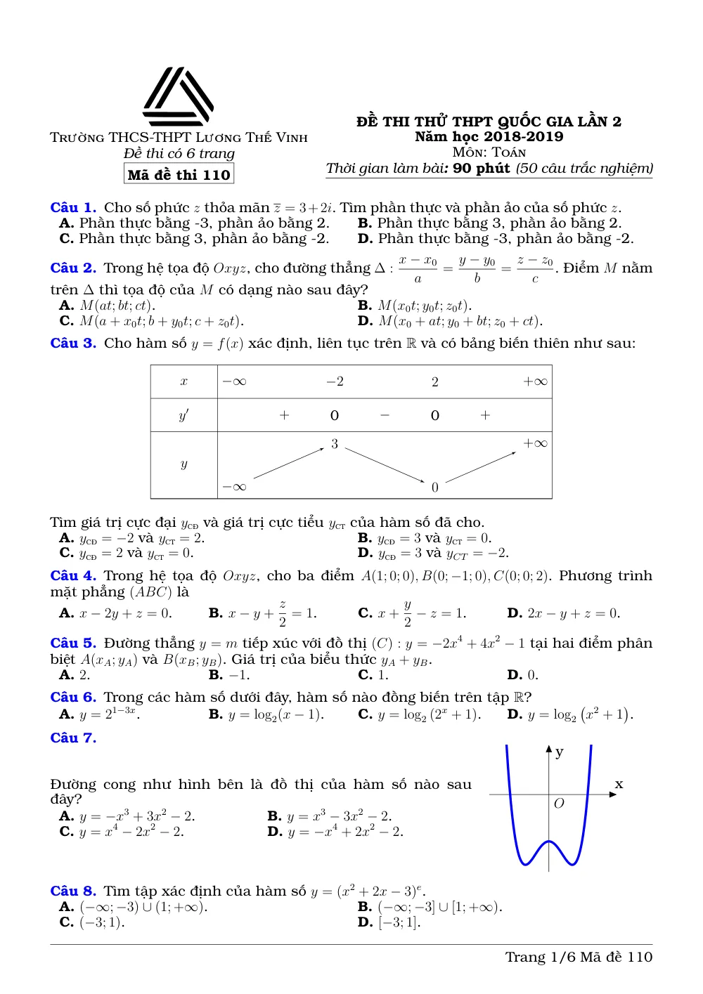 Xem trước trang 1 của "Đề Thi Thử Toán THPT Quốc Gia Lần 2 - Trường Lương Thế Vinh - Hà Nội (2019)"