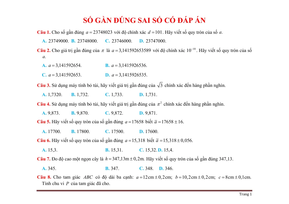 Xem trước trang 1 của "Trắc nghiệm Số gần đúng - Sai số có đáp án"