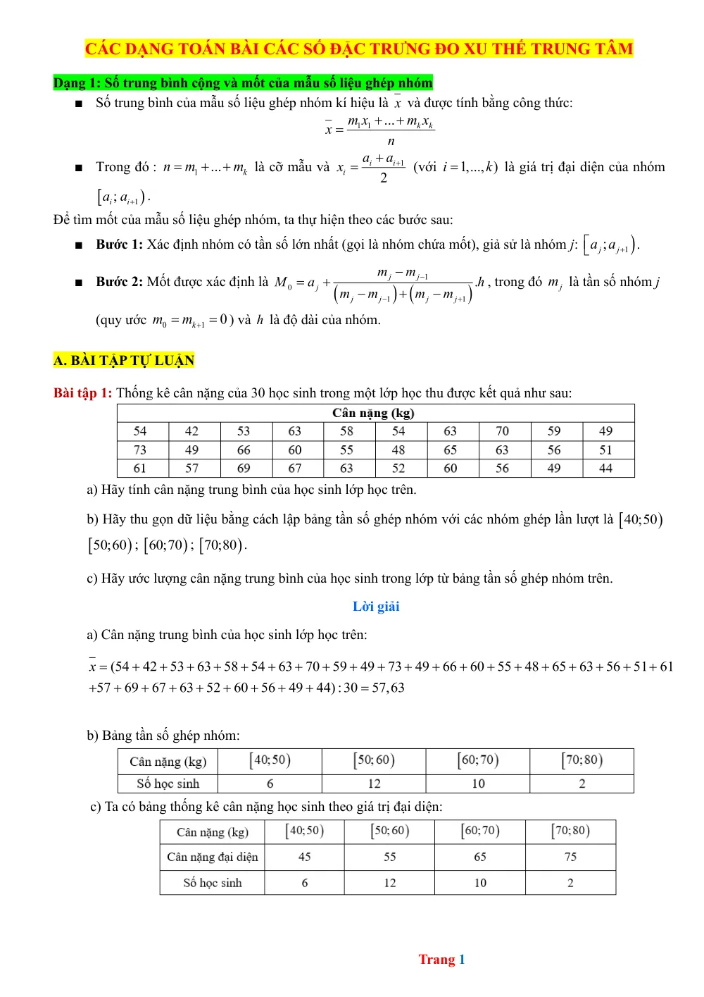 Xem trước trang 1 của "Các dạng bài: Các số đặc trưng đo xu thế trung tâm - Lớp 11"