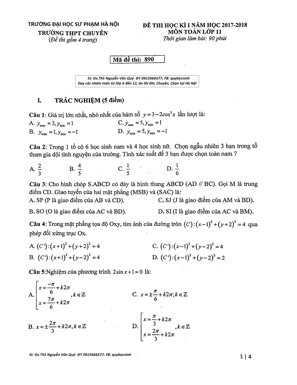 Xem trước trang 1 của "Đề thi học kỳ 1 Toán 11 - Năm học 2017-2018 - Trường THPT Chuyên Đại học Sư phạm Hà Nội"