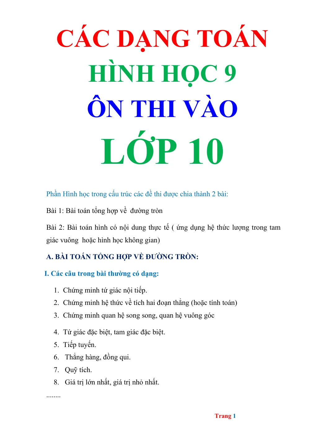 Xem trước trang 1 của "Các dạng Toán Hình 9 - Tuyển sinh vào lớp 10 (Có lời giải)"