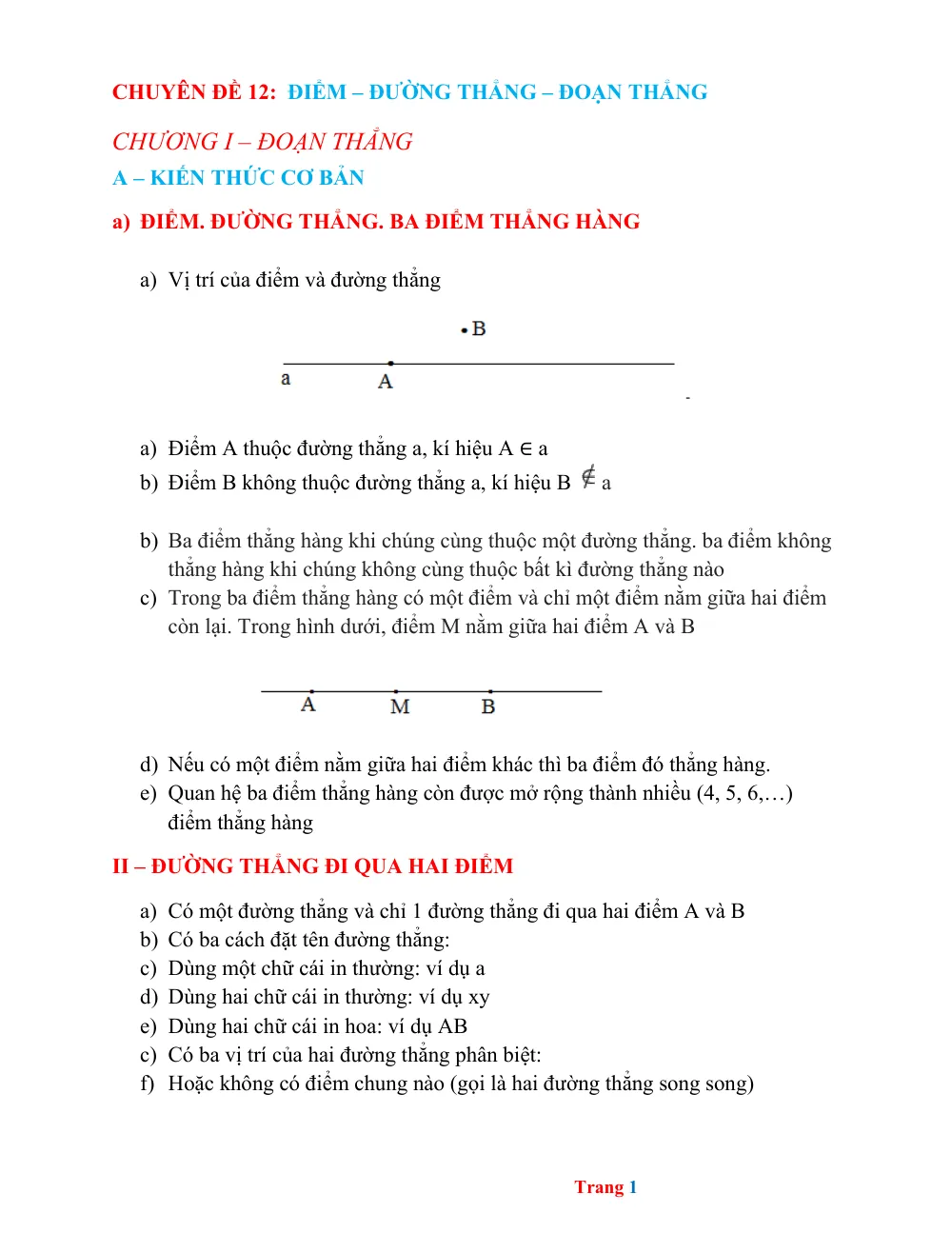 Xem trước trang 1 của "Chuyên đề 12: Điểm – Đường Thẳng – Đoạn Thẳng - Toán 6"