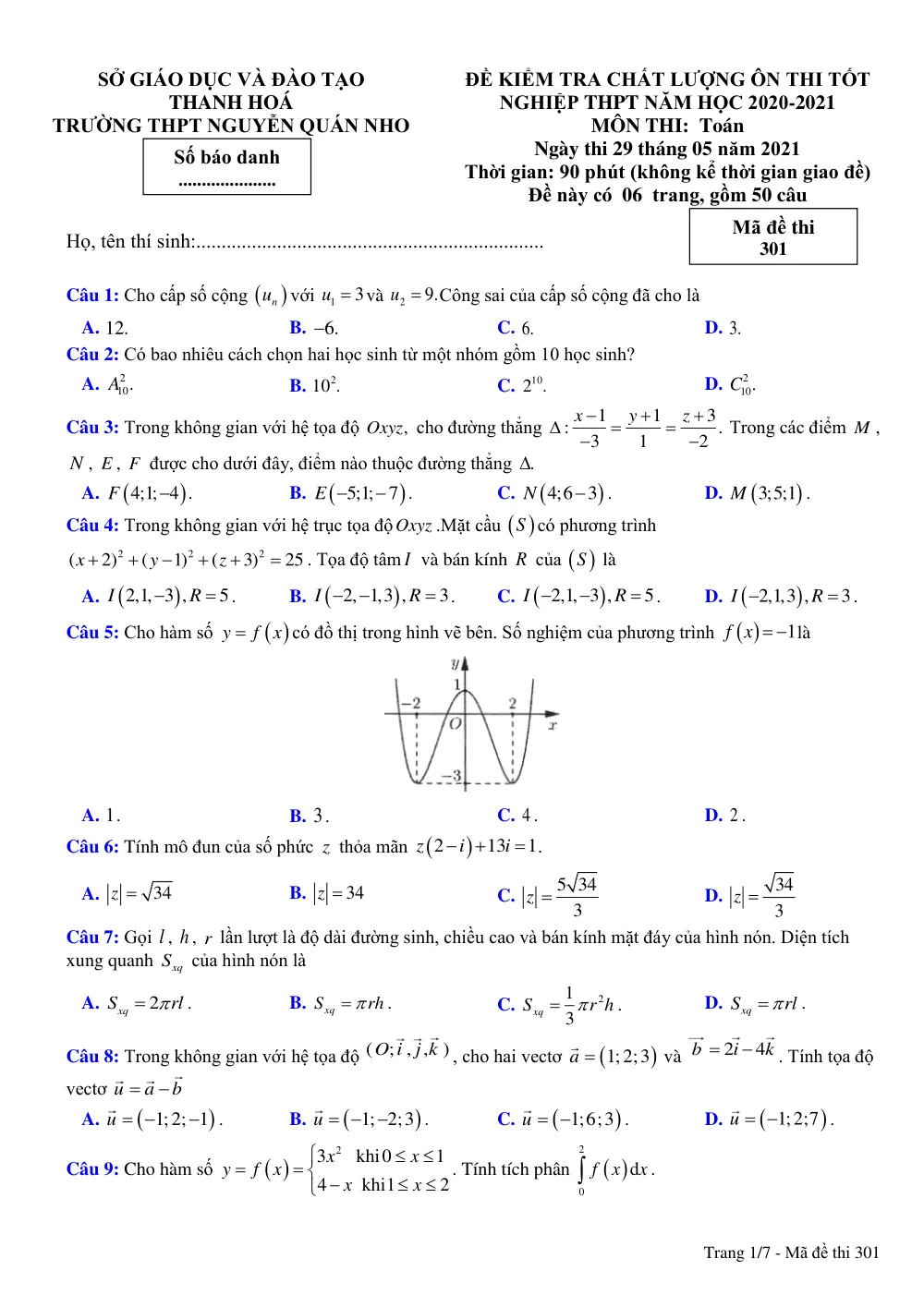 Xem trước trang 1 của "Đề Kiểm Tra Chất Lượng Ôn Thi Tốt Nghiệp THPT 2021 - Môn Toán - Trường THPT Nguyễn Quán Nho - Thanh Hóa"