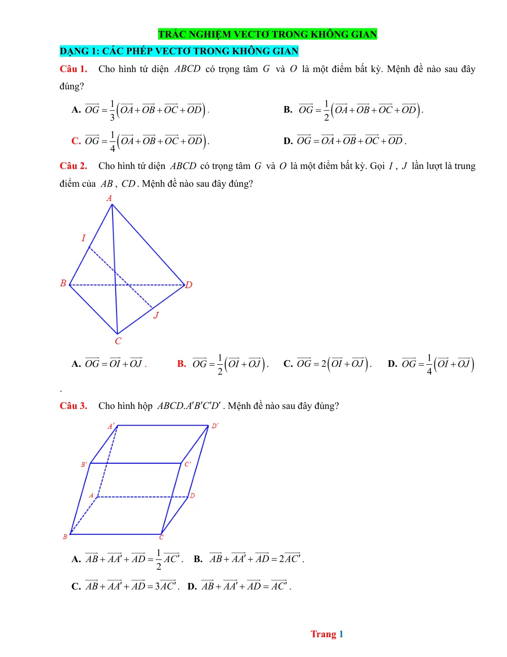 Xem trước trang 1 của "Trắc nghiệm Vecto trong không gian - Lớp 12"