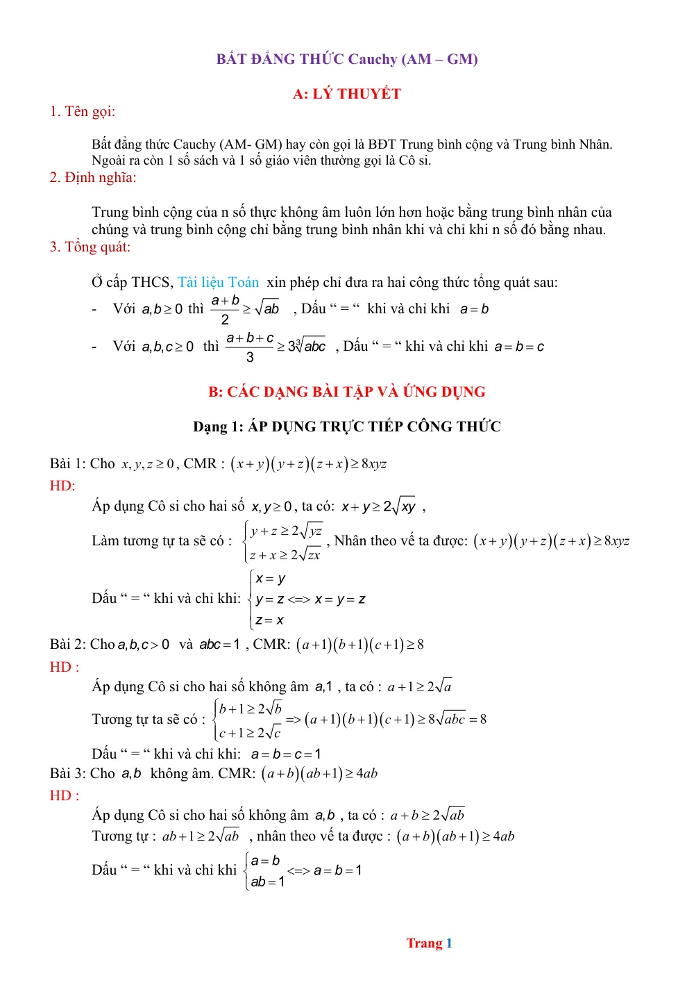 Xem trước trang 1 của "Chuyên đề bồi dưỡng HSG Toán 8: Bất đẳng thức Cauchy (AM-GM) - TP. Hồ Chí Minh"