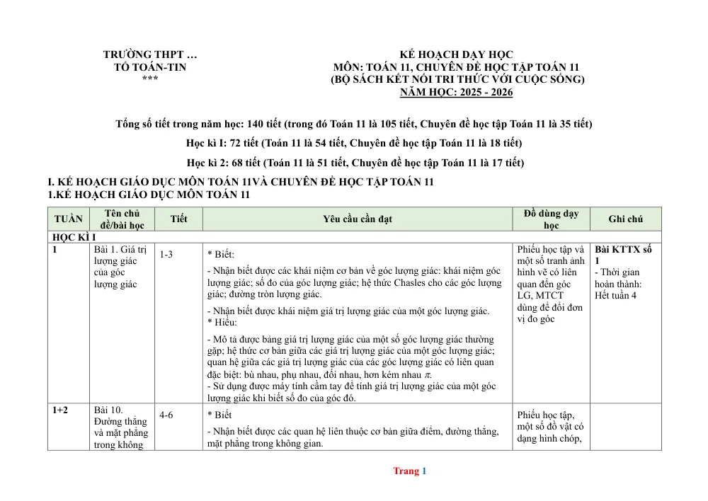 Xem trước trang 1 của "Kế hoạch dạy học Toán 11 - Chuyên đề học tập Toán 11 (Kết nối tri thức với cuộc sống) - Năm học 2025-2026"