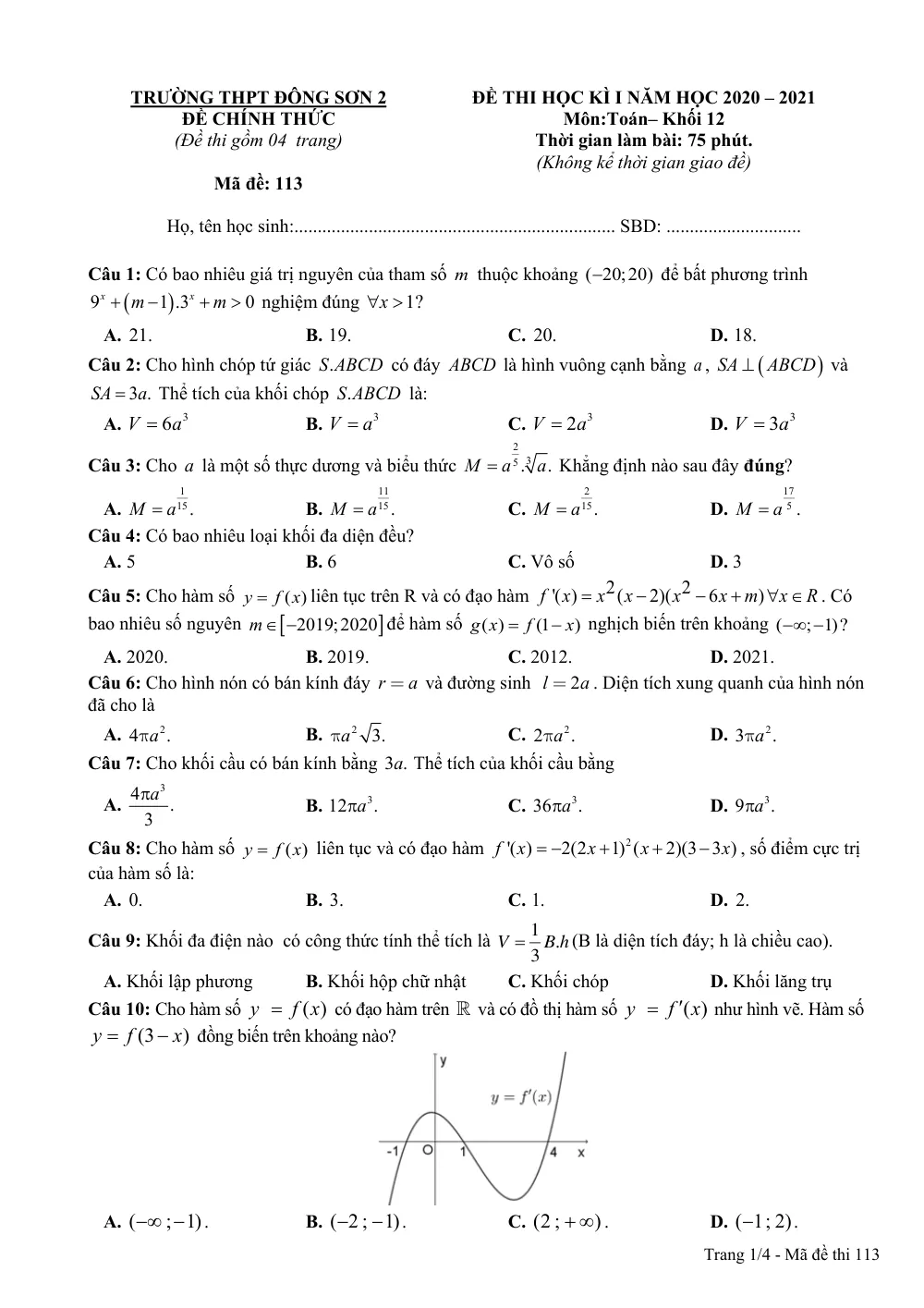 Xem trước trang 1 của "Đề thi Học kỳ 1 Toán 12 năm học 2020-2021 - Trường THPT Đông Sơn 2 - Thanh Hóa"