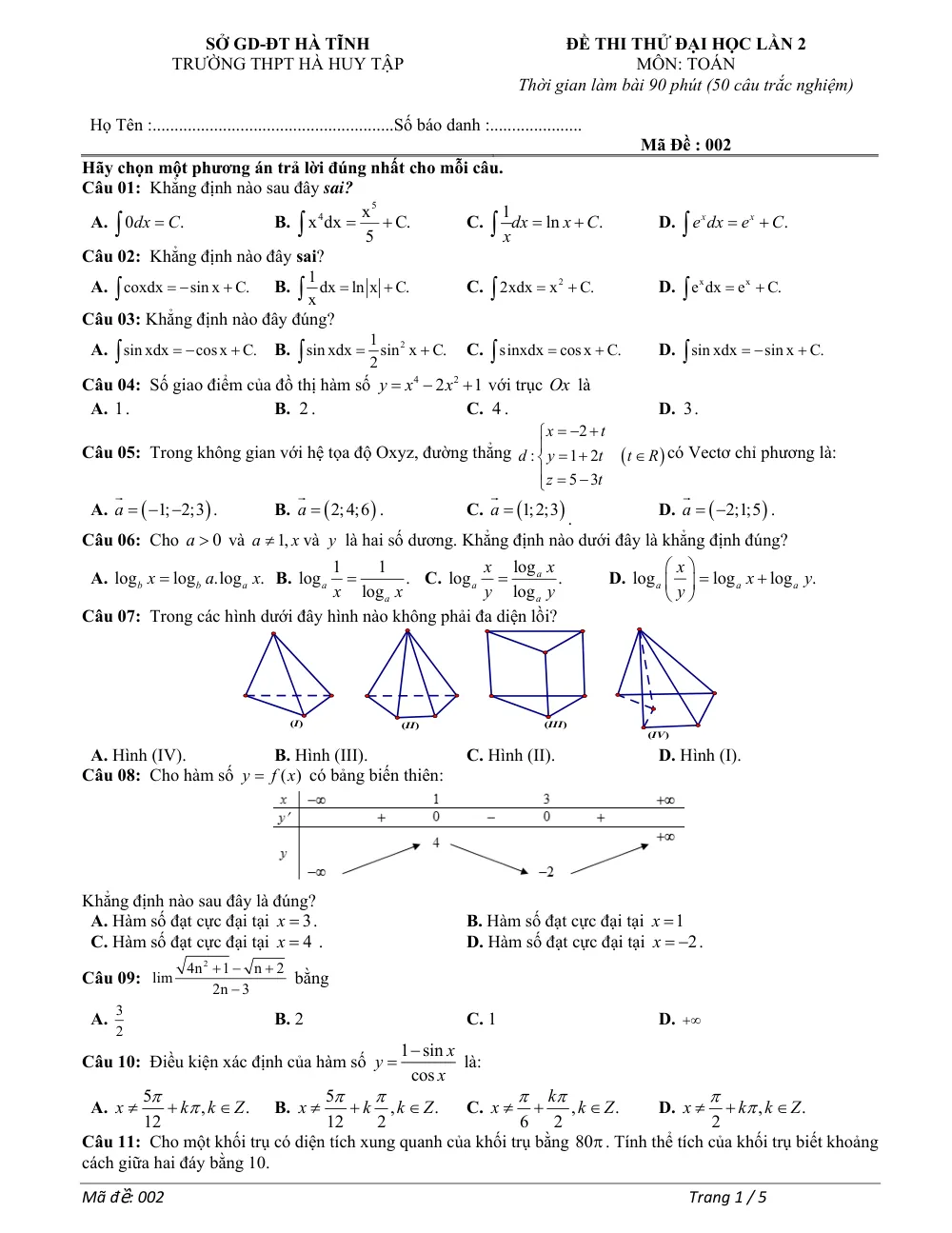 Xem trước trang 1 của "Đề Thi Thử Đại Học Lần 2 - Trường THPT Hà Huy Tập - Môn Toán - Lớp 12 - Hà Tĩnh"