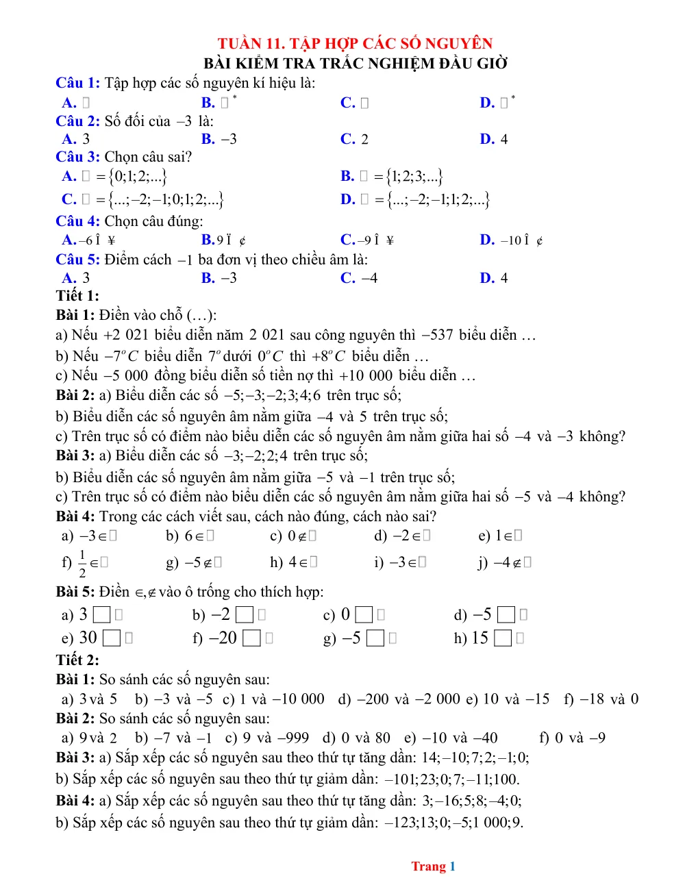 Xem trước trang 1 của "Bài tập Toán 6 KNTT Tuần 11: Tập hợp các số nguyên"