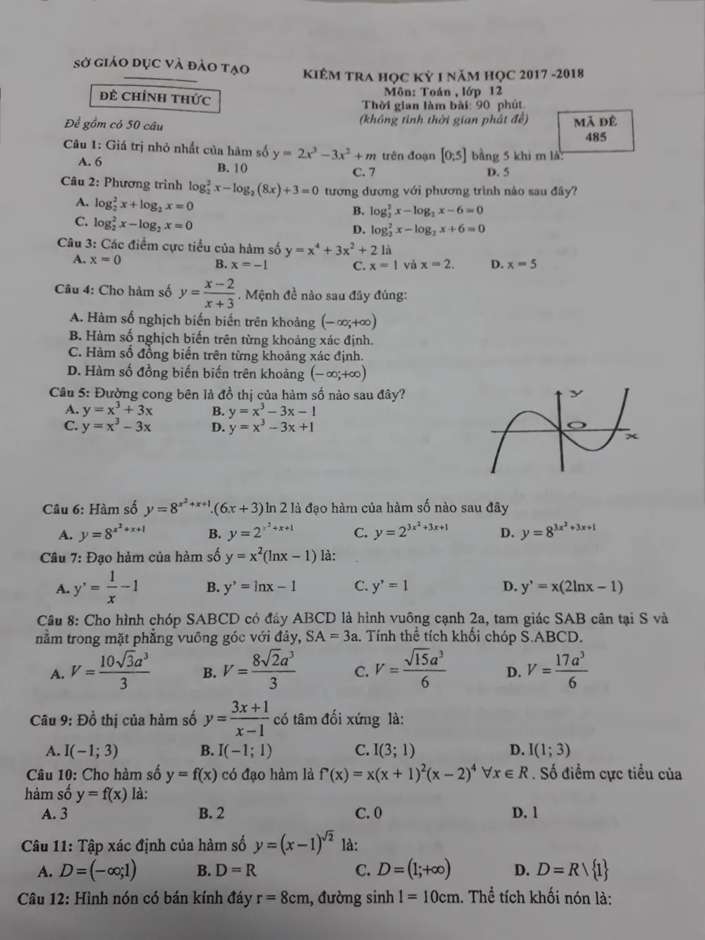 Xem trước trang 1 của "Đề Thi Học Kỳ 1 Toán 12 - Năm học 2017-2018 - Sở GD và ĐT Bình Dương"