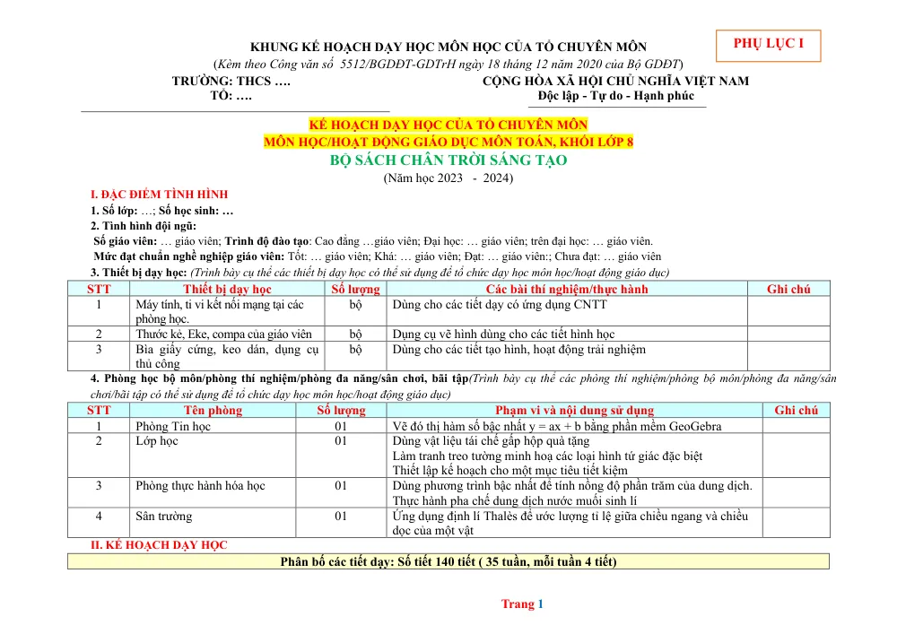 Xem trước trang 1 của "Kế hoạch dạy học môn Toán lớp 8 - Bộ sách Chân trời sáng tạo (Năm học 2023 - 2024)"