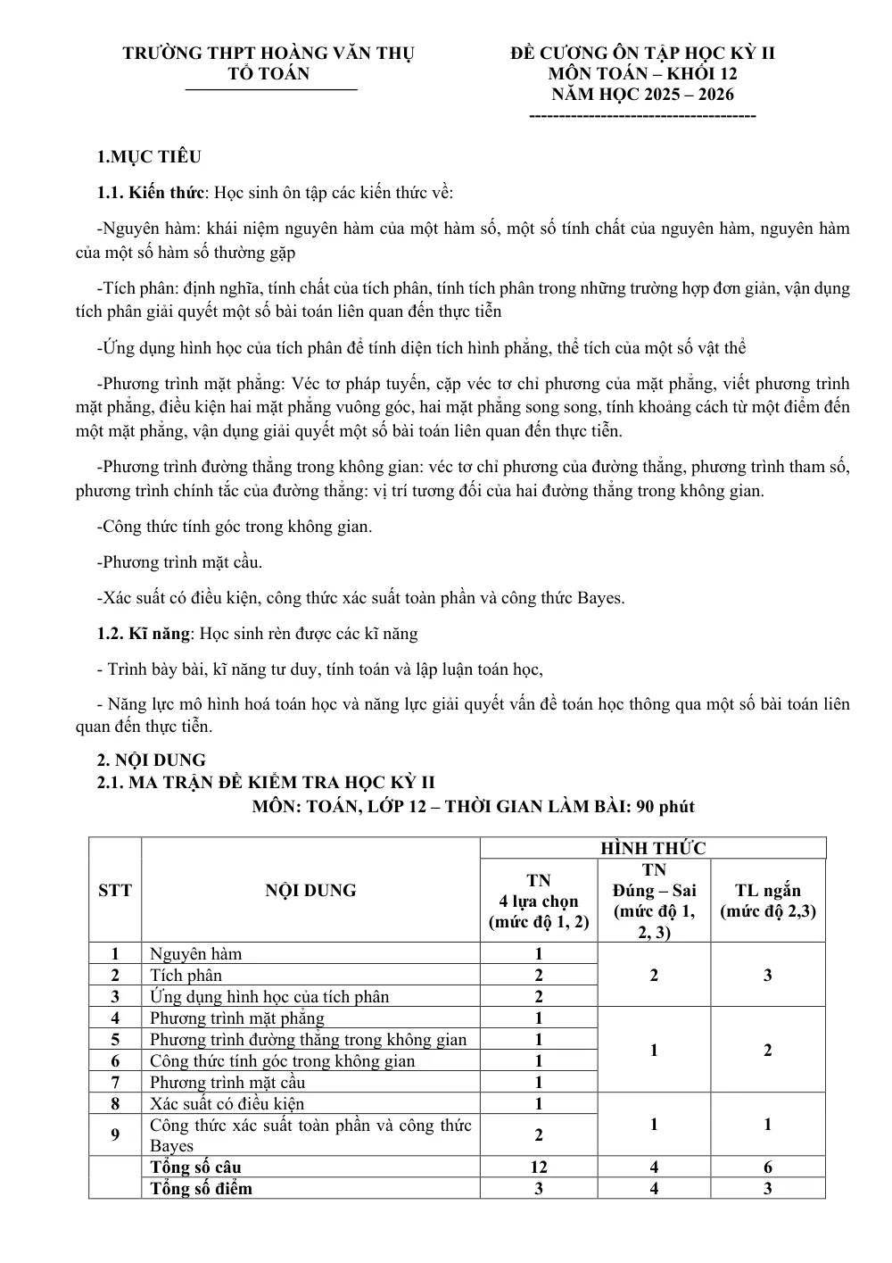 Xem trước trang 1 của "Đề Cương Ôn Tập Học Kỳ II - Toán 12 - Năm học 2025-2026 - Trường THPT Hoàng Văn Thụ - Hà Nội"