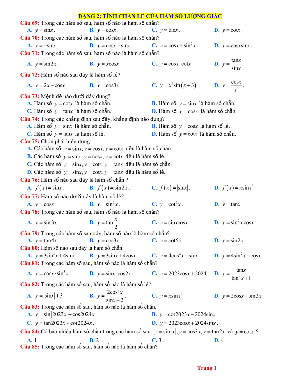 Xem trước trang 1 của "Toán 11 - Dạng 2: Tính chẵn lẻ của hàm số lượng giác"