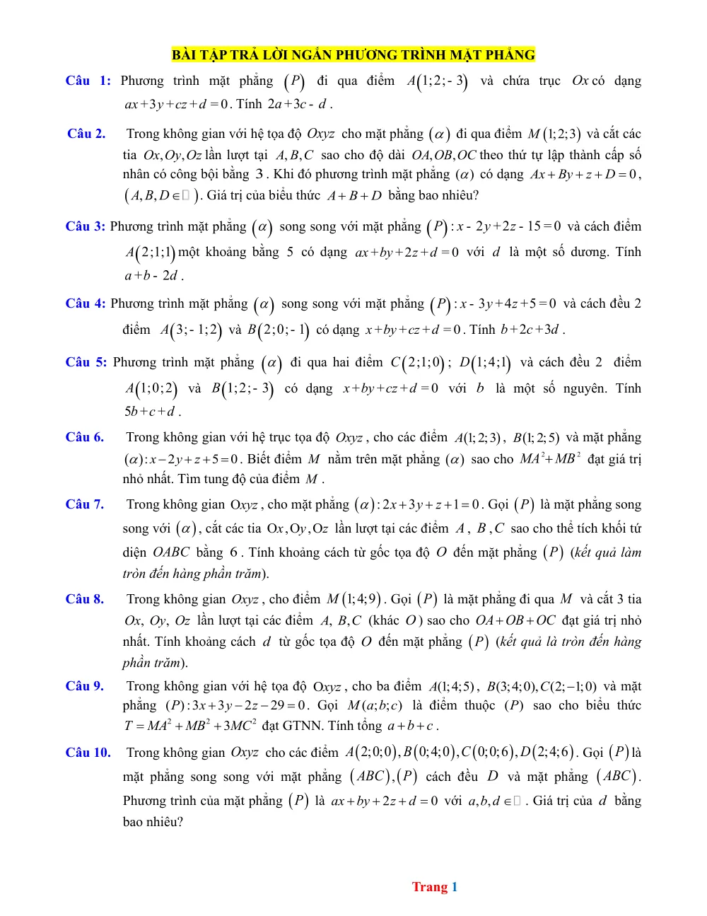 Xem trước trang 1 của "20 Câu trả lời ngắn Phương trình mặt phẳng"
