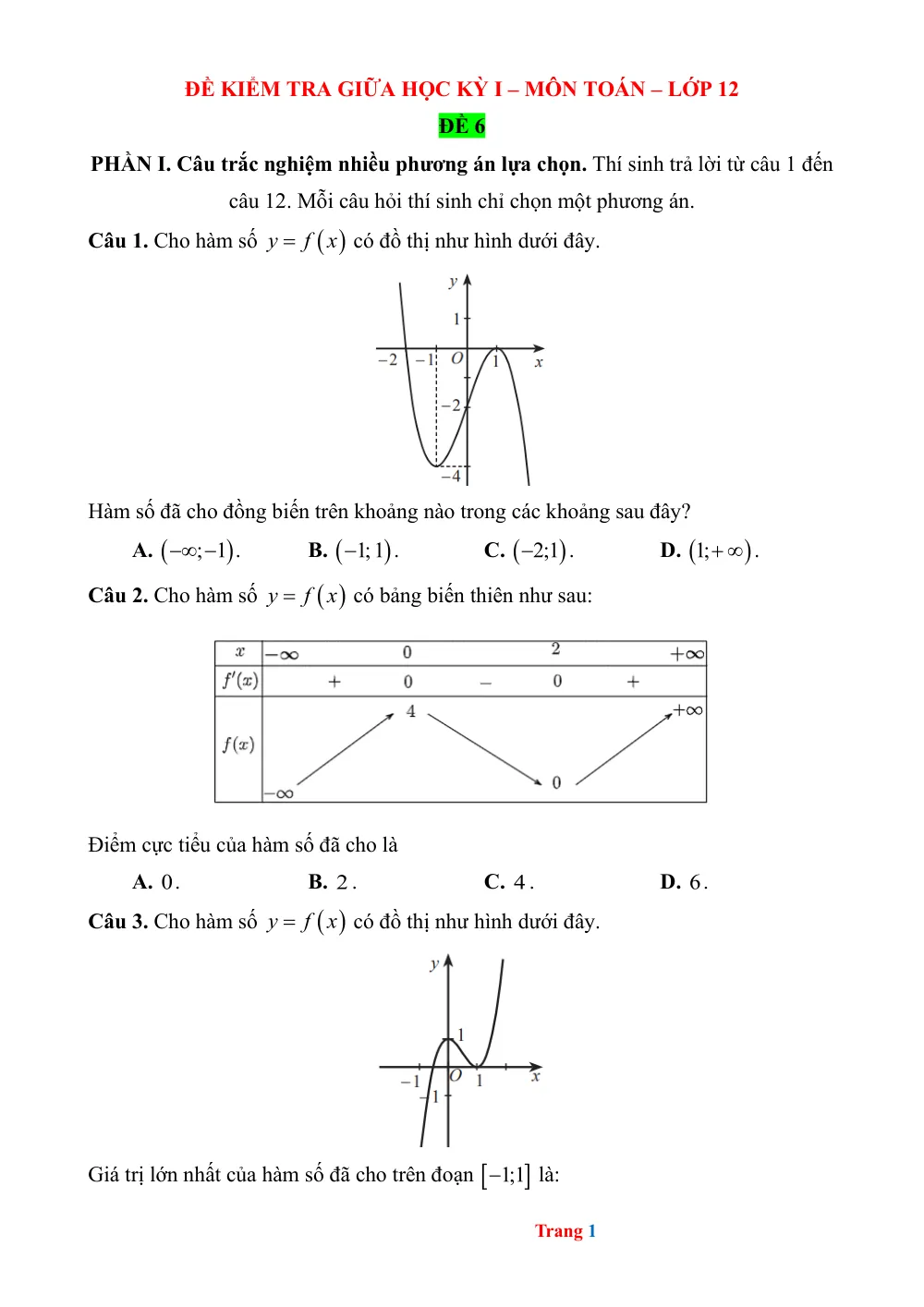 Xem trước trang 1 của "Đề kiểm tra giữa học kỳ I - Toán 12 - Đề 6"