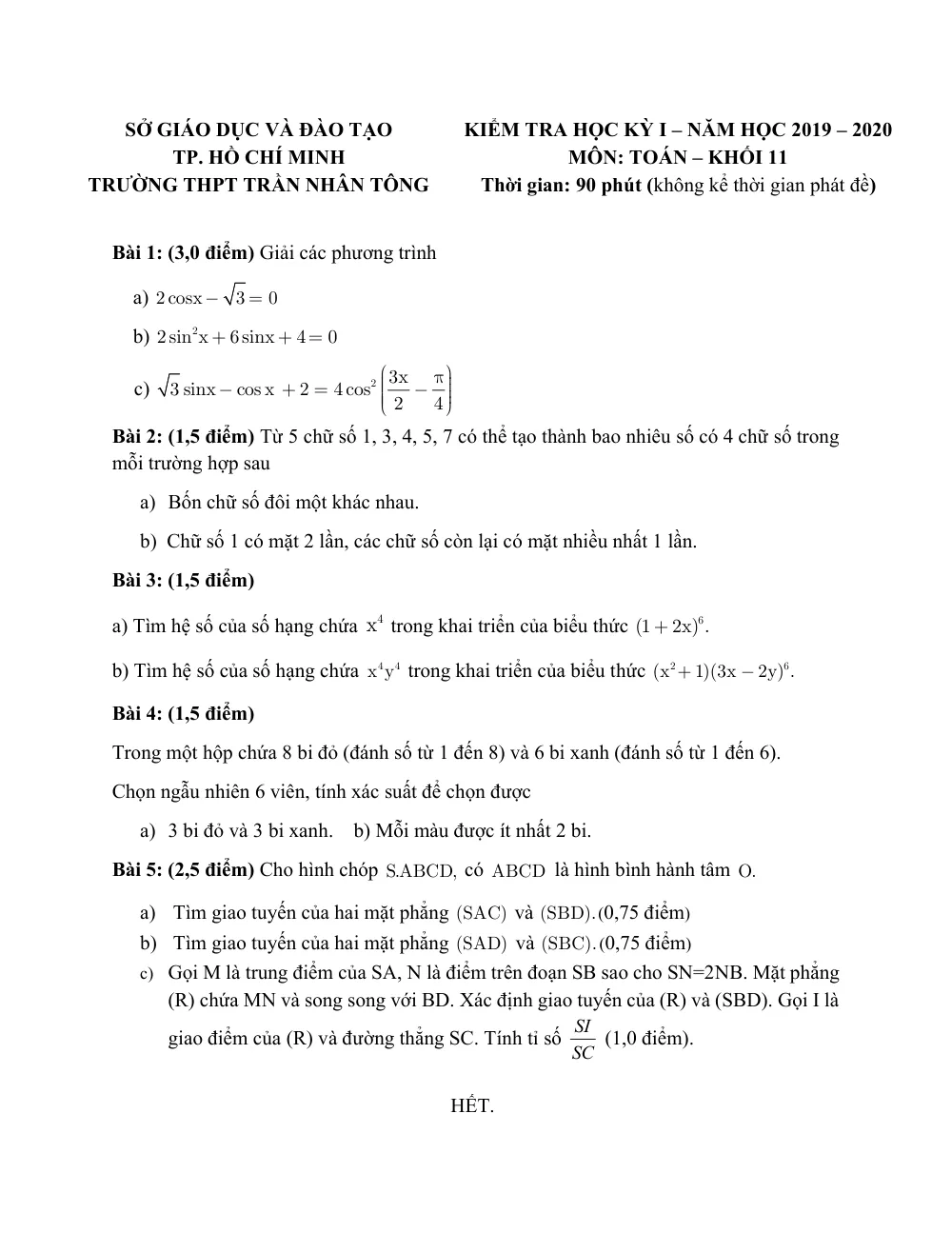 Xem trước trang 1 của "Đề thi HK1 Toán 11 năm 2019-2020 - Trường THPT Trần Nhân Tông - TP. Hồ Chí Minh"