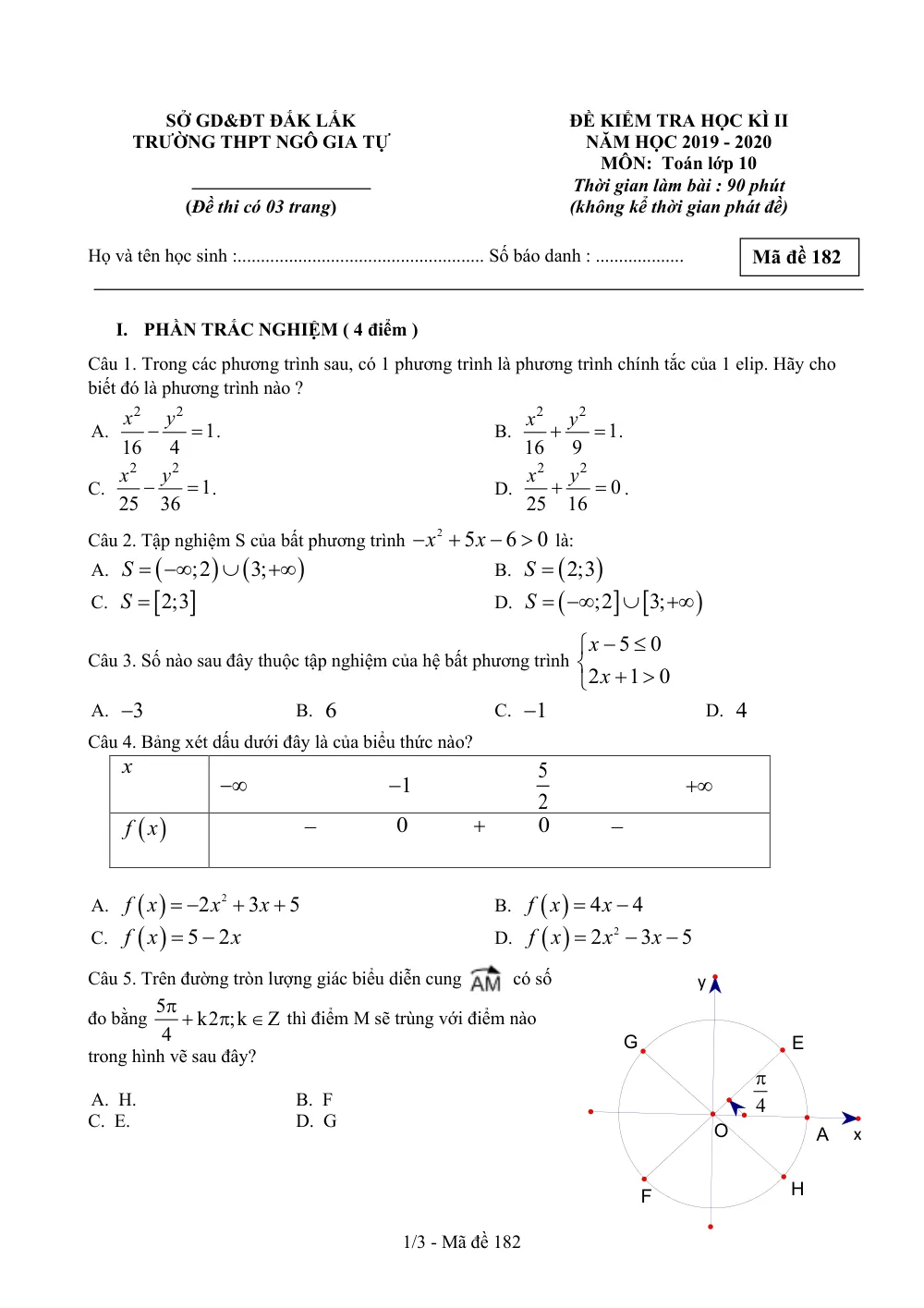 Xem trước trang 1 của "Đề Kiểm Tra Học Kỳ II Toán 10 - Năm học 2019-2020 - Trường THPT Ngô Gia Tự - Đắk Lắk"