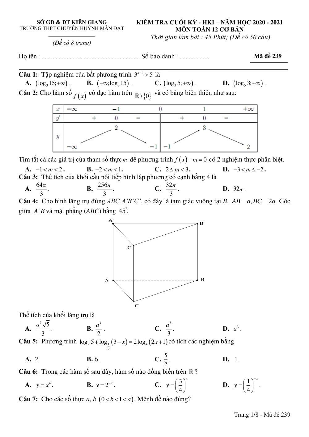 Xem trước trang 1 của "Đề Thi HK1 Toán 12 Cơ Bản Năm Học 2020-2021 - Trường THPT Chuyên Huỳnh Mẫn Đạt - Kiên Giang"