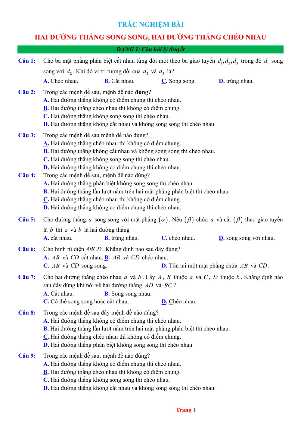 Xem trước trang 1 của "Trắc nghiệm Hai đường thẳng song song, hai đường thẳng chéo nhau"