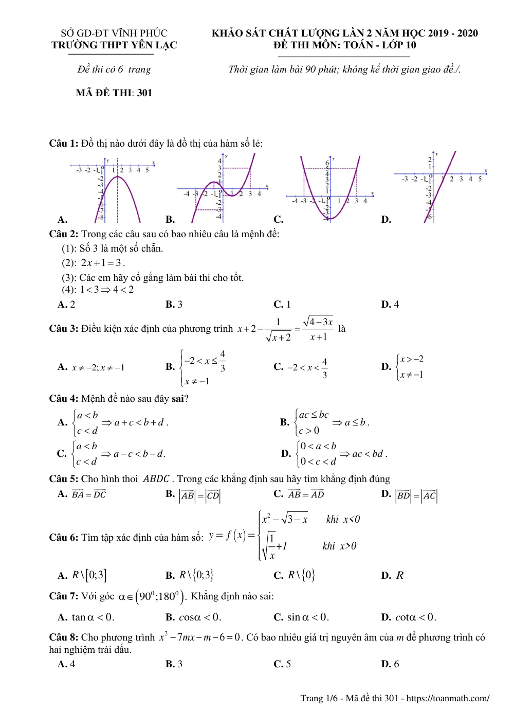 Xem trước trang 1 của "Khảo Sát Chất Lượng Lần 2 Toán Lớp 10 Năm Học 2019-2020 - Trường THPT Yên Lạc - Vĩnh Phúc"