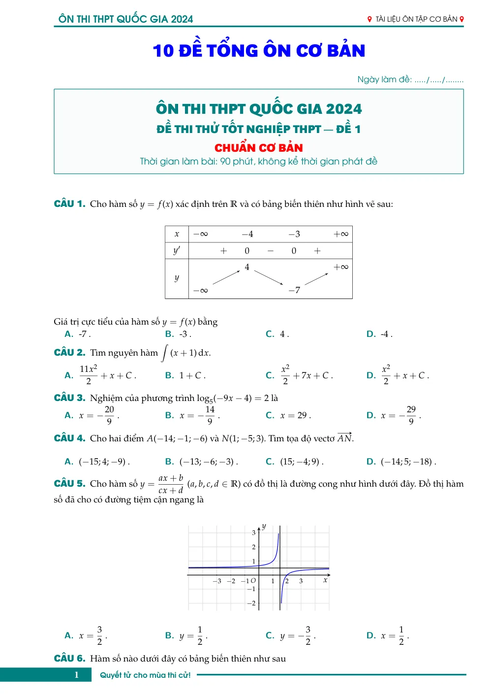 Xem trước trang 1 của "10 Đề Tổng Ôn Cơ Bản Thi Tốt Nghiệp THPT Năm 2024 - Môn Toán - THPT"