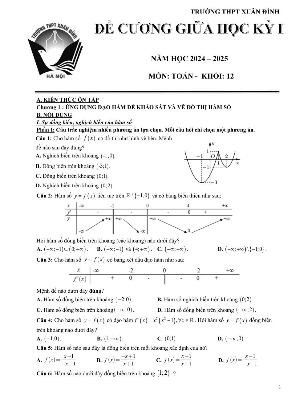 Xem trước trang 1 của "Đề cương giữa học kỳ 1 Toán 12 năm 2024-2025 - Trường THPT Xuân Đỉnh - Hà Nội"