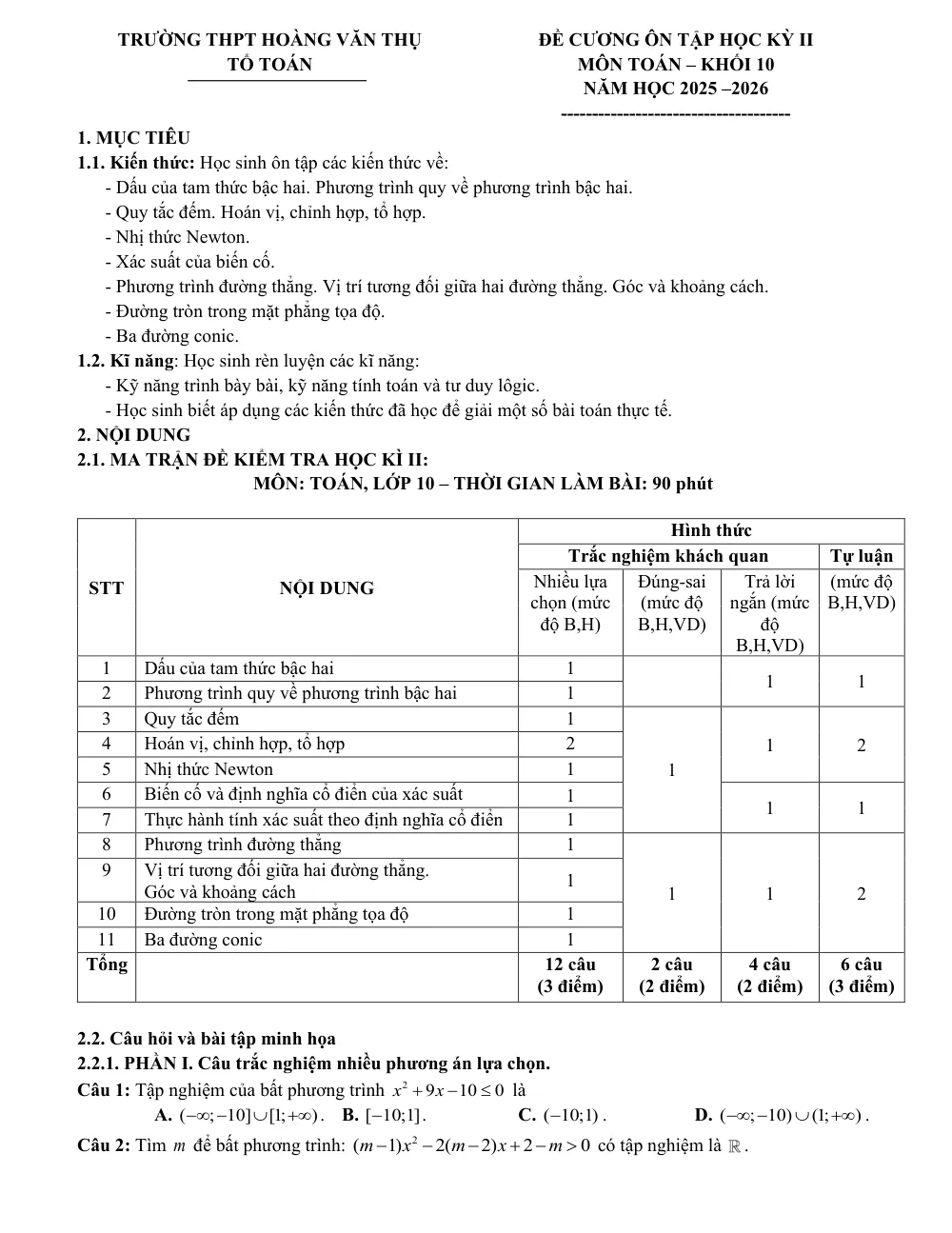 Xem trước trang 1 của "Đề Cương Ôn Tập Học Kỳ II - Toán 10 - Năm học 2025-2026 - Trường THPT Hoàng Văn Thụ - Hà Nội"