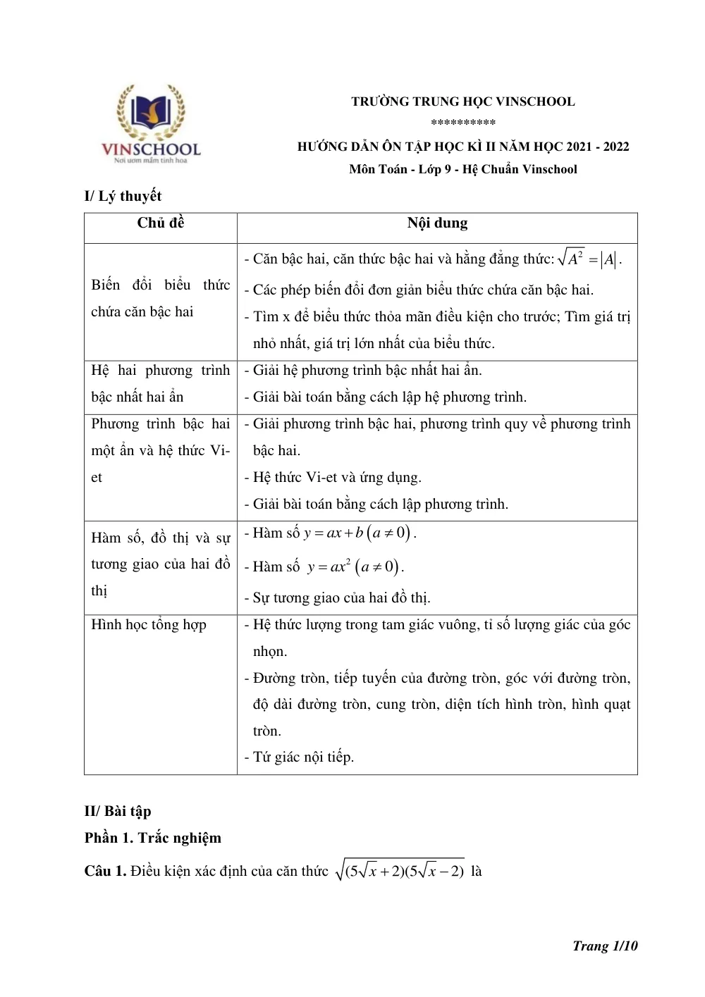 Xem trước trang 1 của "Hướng dẫn ôn tập Học kì II - Toán 9 - Năm học 2021-2022 - Trường Vinschool - Hà Nội"