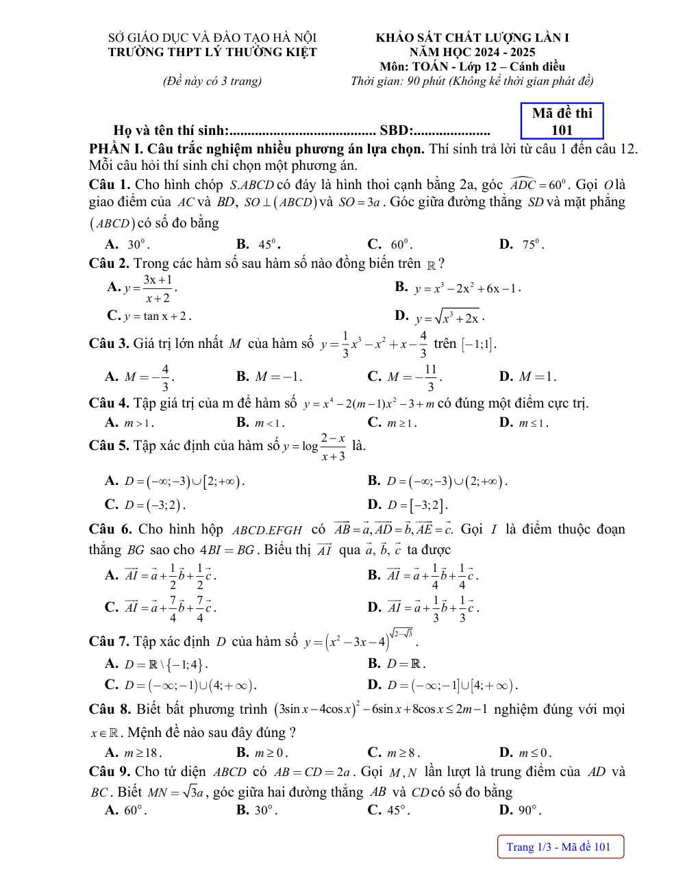 Xem trước trang 1 của "Khảo Sát Chất Lượng Lần I - Toán 12 - Trường THPT Lý Thường Kiệt - Năm học 2024-2025 - Hà Nội"