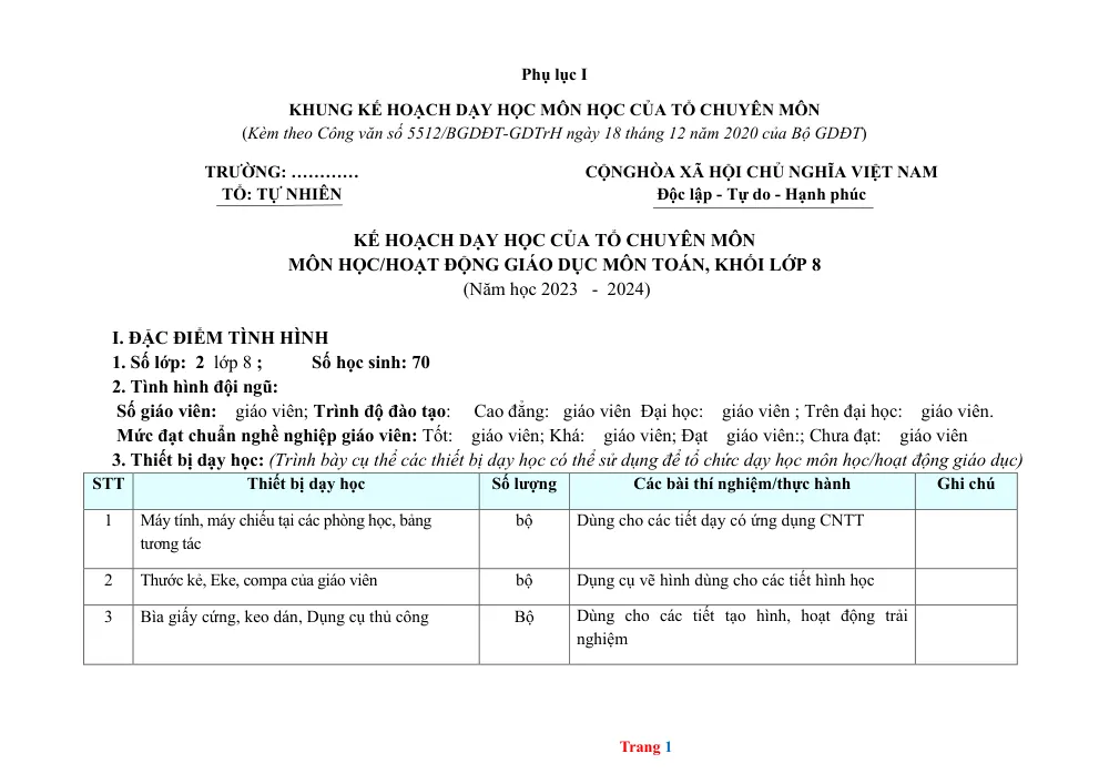 Xem trước trang 1 của "Phụ lục I Khung Kế hoạch Dạy học Môn Toán Lớp 8 - Năm học 2023-2024"