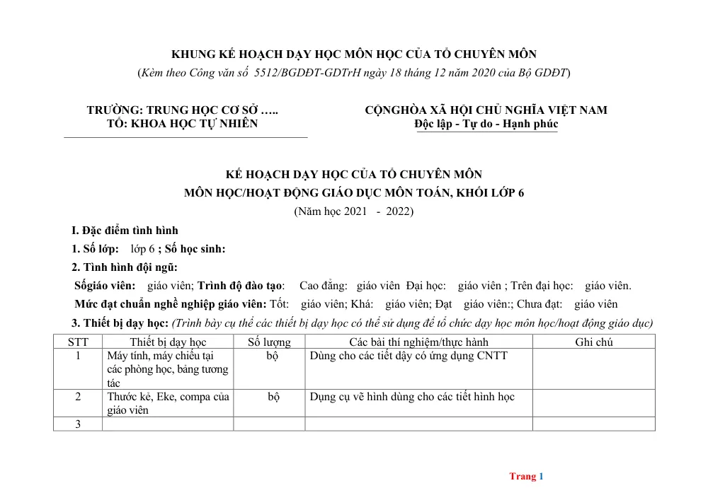 Xem trước trang 1 của "Khung Kế Hoạch Dạy Học Môn Toán Lớp 6 - Năm học 2021-2022"