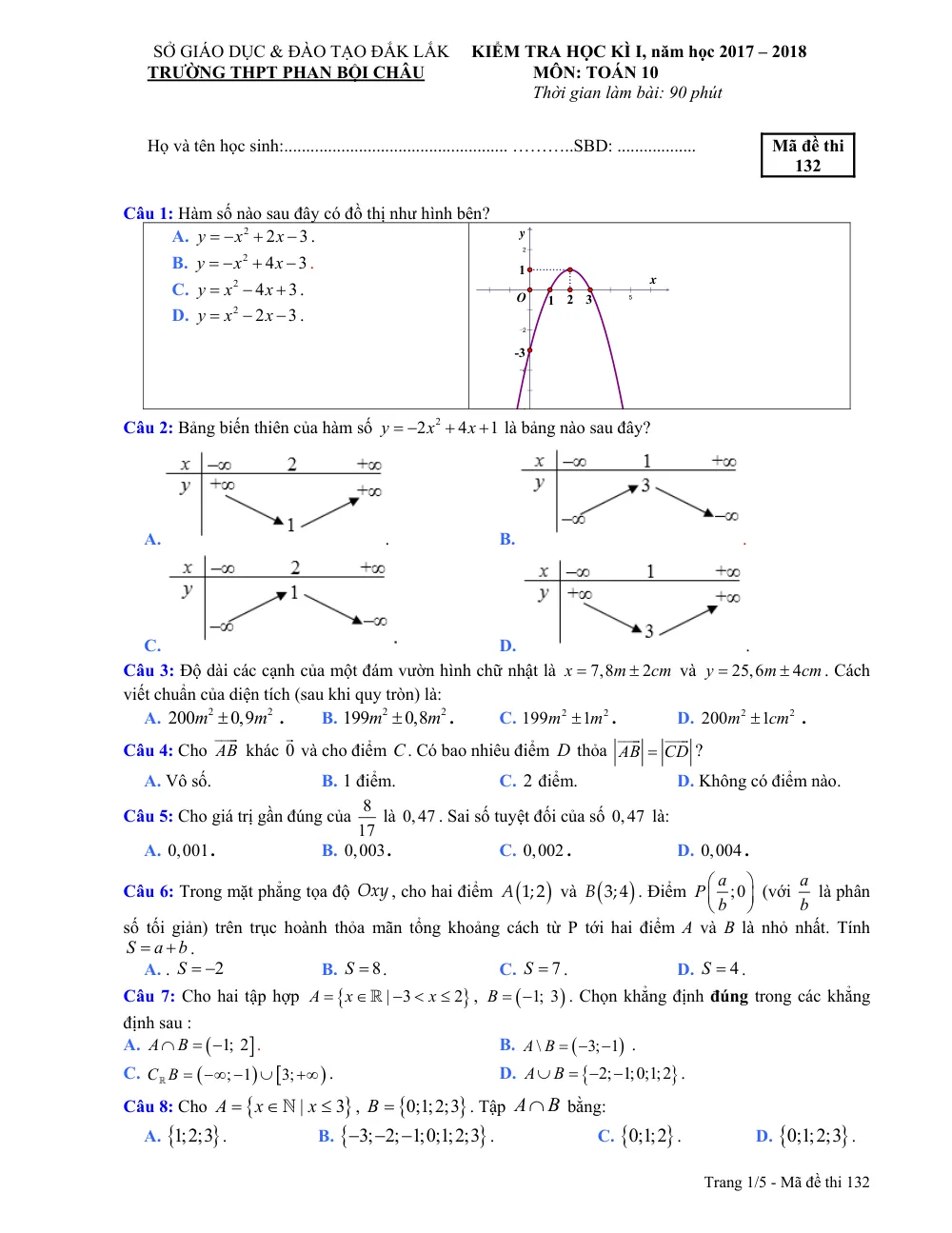 Xem trước trang 1 của "Đề thi HK1 Toán 10 - Năm học 2017-2018 - Trường THPT Phan Bội Châu - Đắk Lắk"