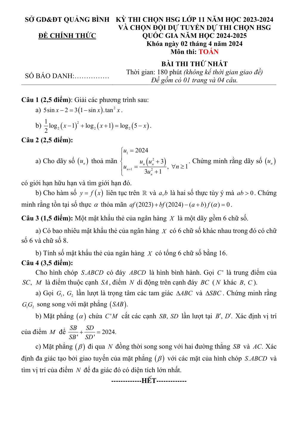 Xem trước trang 1 của "Đề thi chọn HSG Toán 11 năm học 2023-2024 - Sở GD&ĐT Quảng Bình"