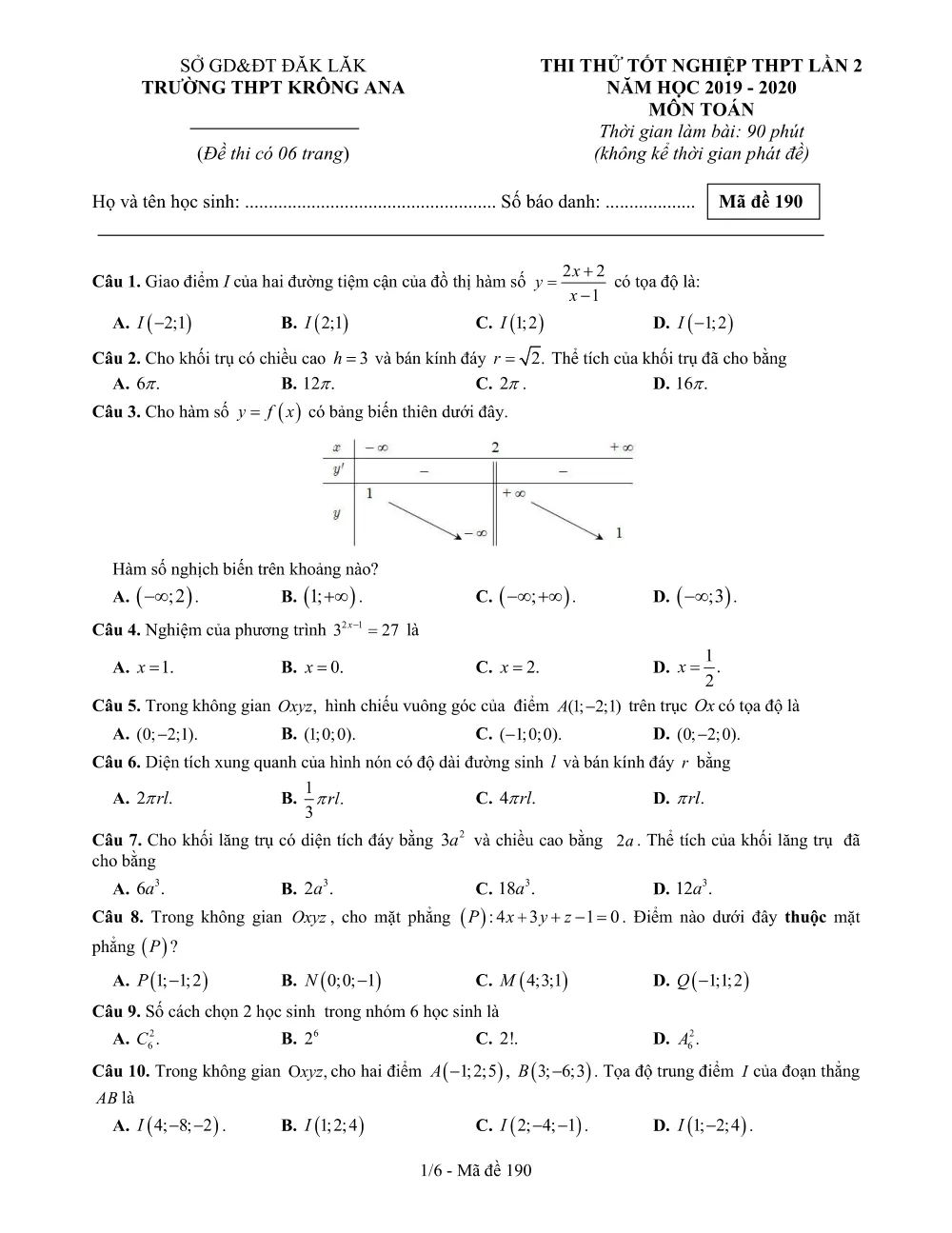 Xem trước trang 1 của "Đề thi thử Tốt nghiệp THPT 2020 - Môn Toán Lần 2 - Trường THPT Krông Ana - Đắk Lắk"